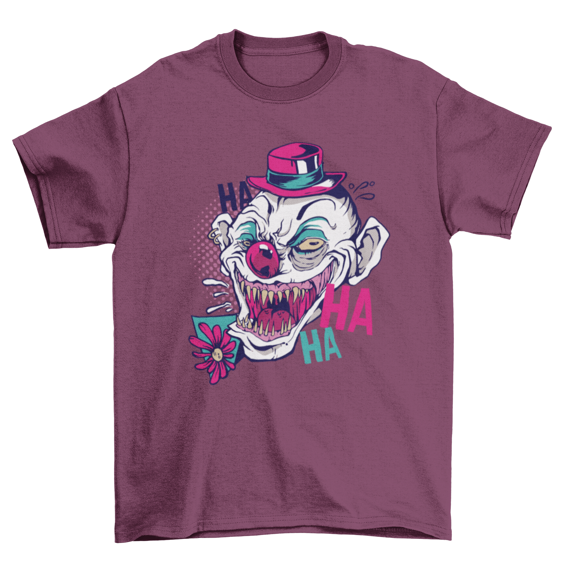 A colorful T-shirt featuring a scary clown with a creepy smile and 'HA HA HA' text, perfect for Halloween.