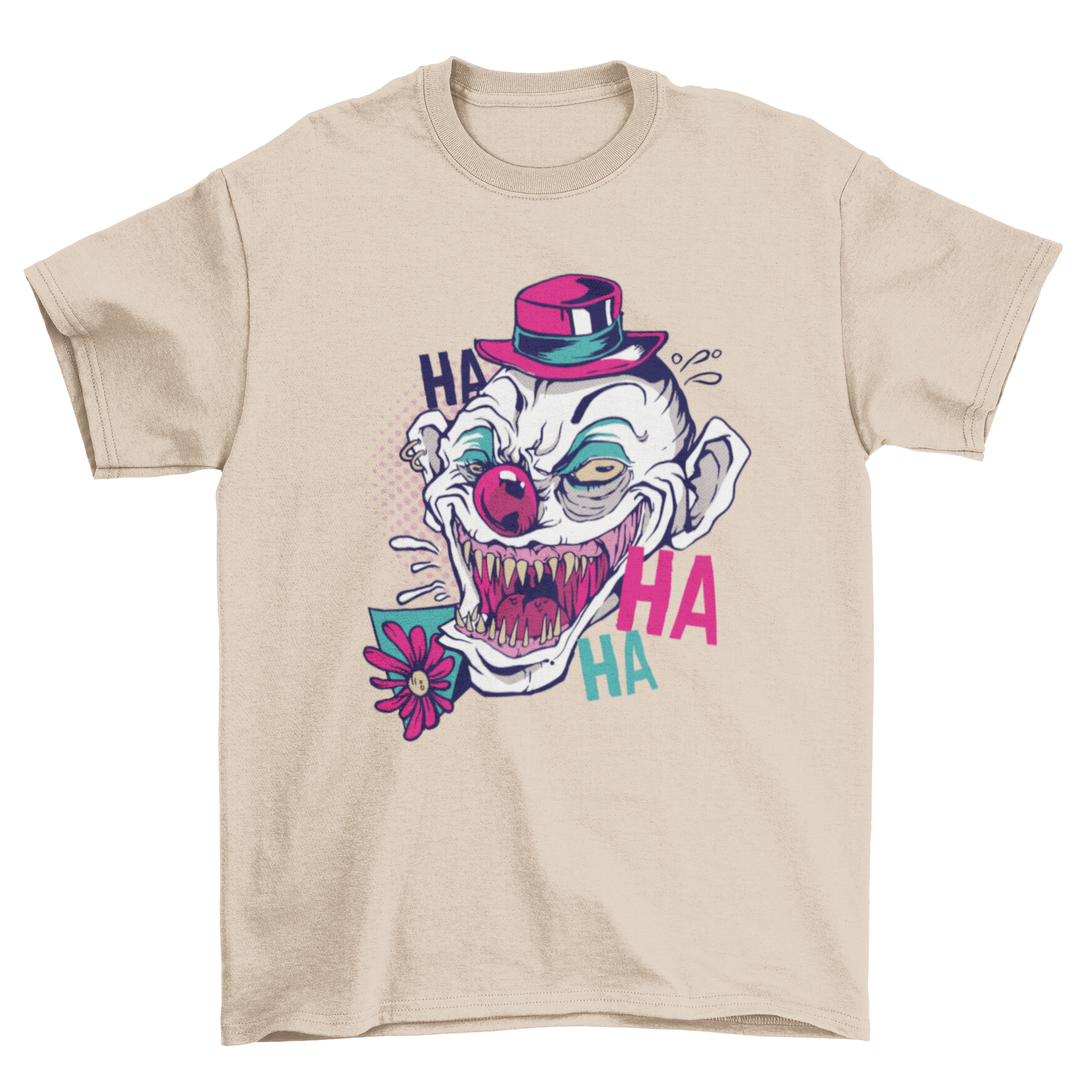 A colorful T-shirt featuring a scary clown with a creepy smile and 'HA HA HA' text, perfect for Halloween.