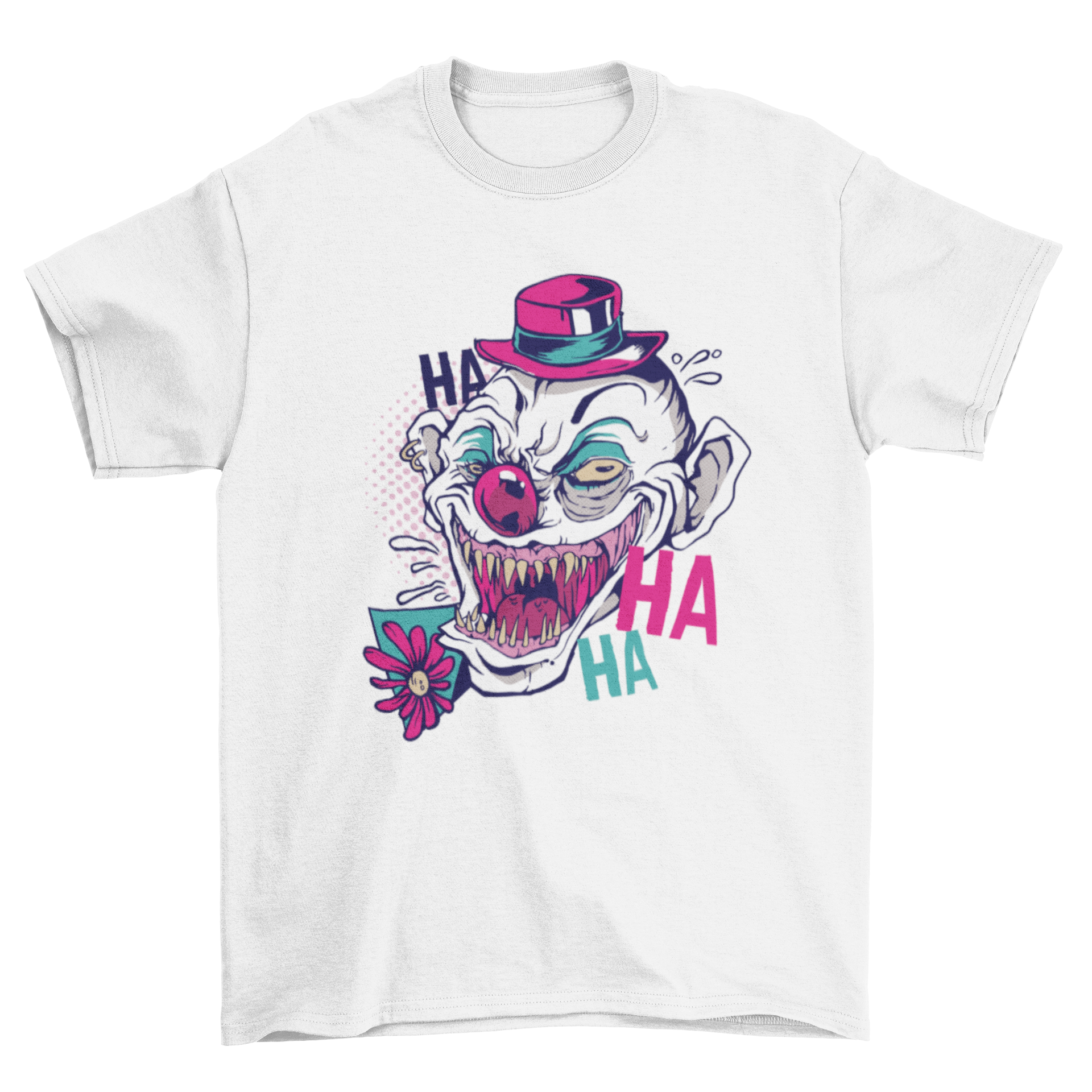 A colorful T-shirt featuring a scary clown with a creepy smile and 'HA HA HA' text, perfect for Halloween.