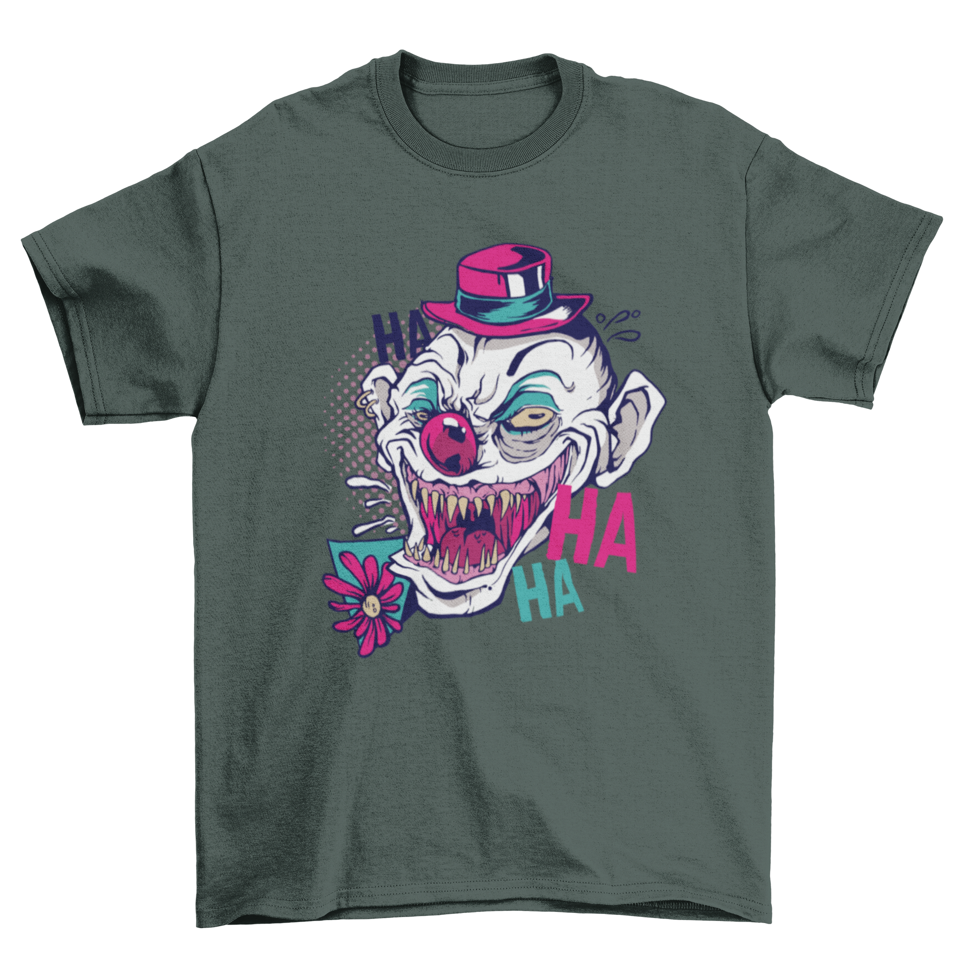 A colorful T-shirt featuring a scary clown with a creepy smile and 'HA HA HA' text, perfect for Halloween.