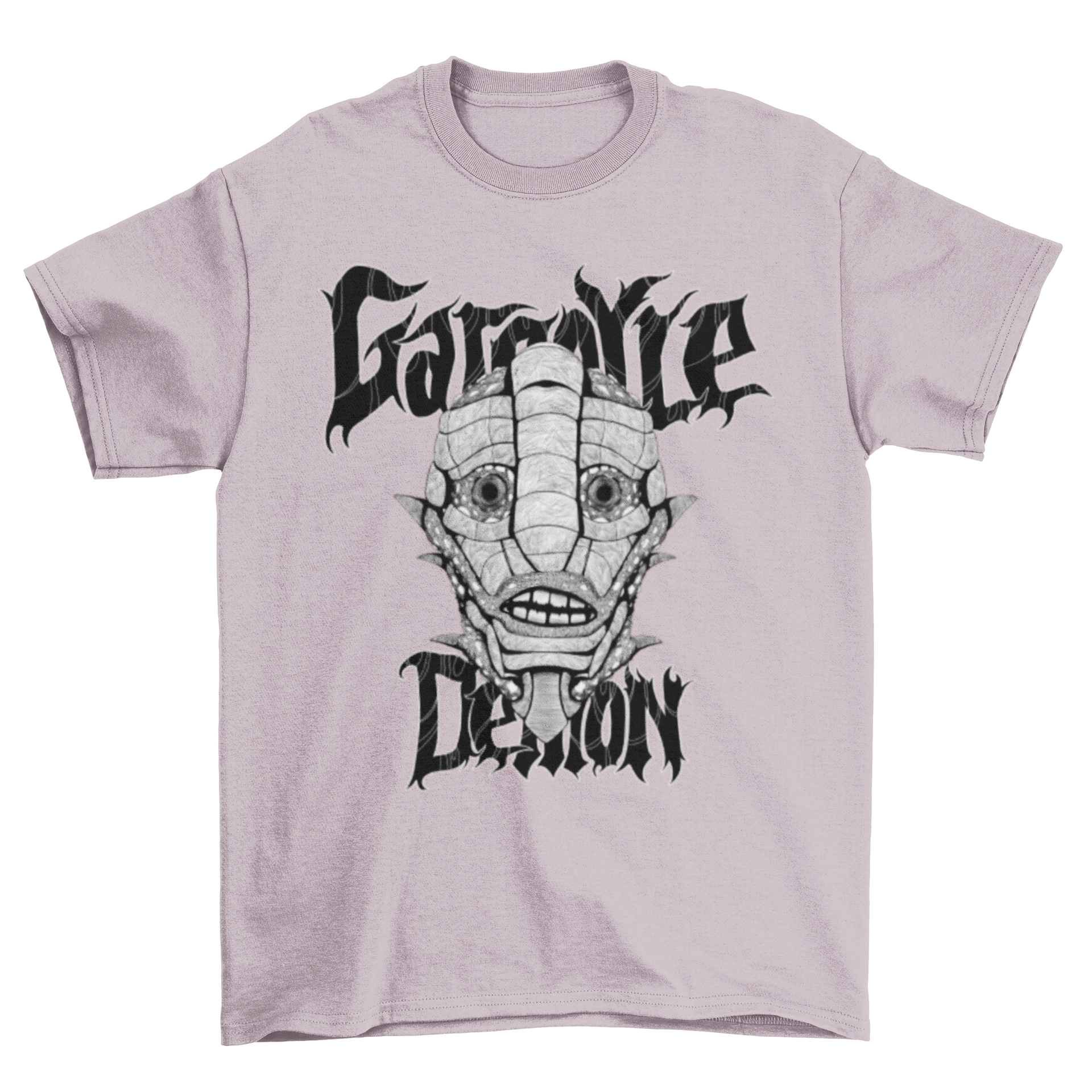 Hand-drawn t-shirt featuring a gargoyle demon design with the quote 'Gargoyle demon'.