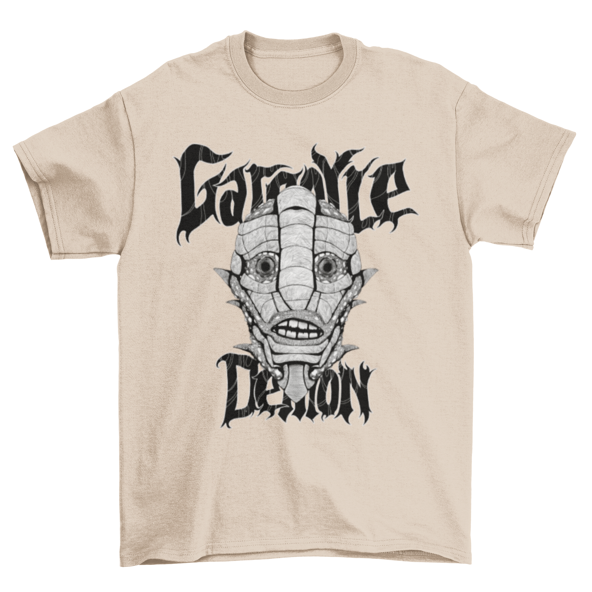 Hand-drawn t-shirt featuring a gargoyle demon design with the quote 'Gargoyle demon'.