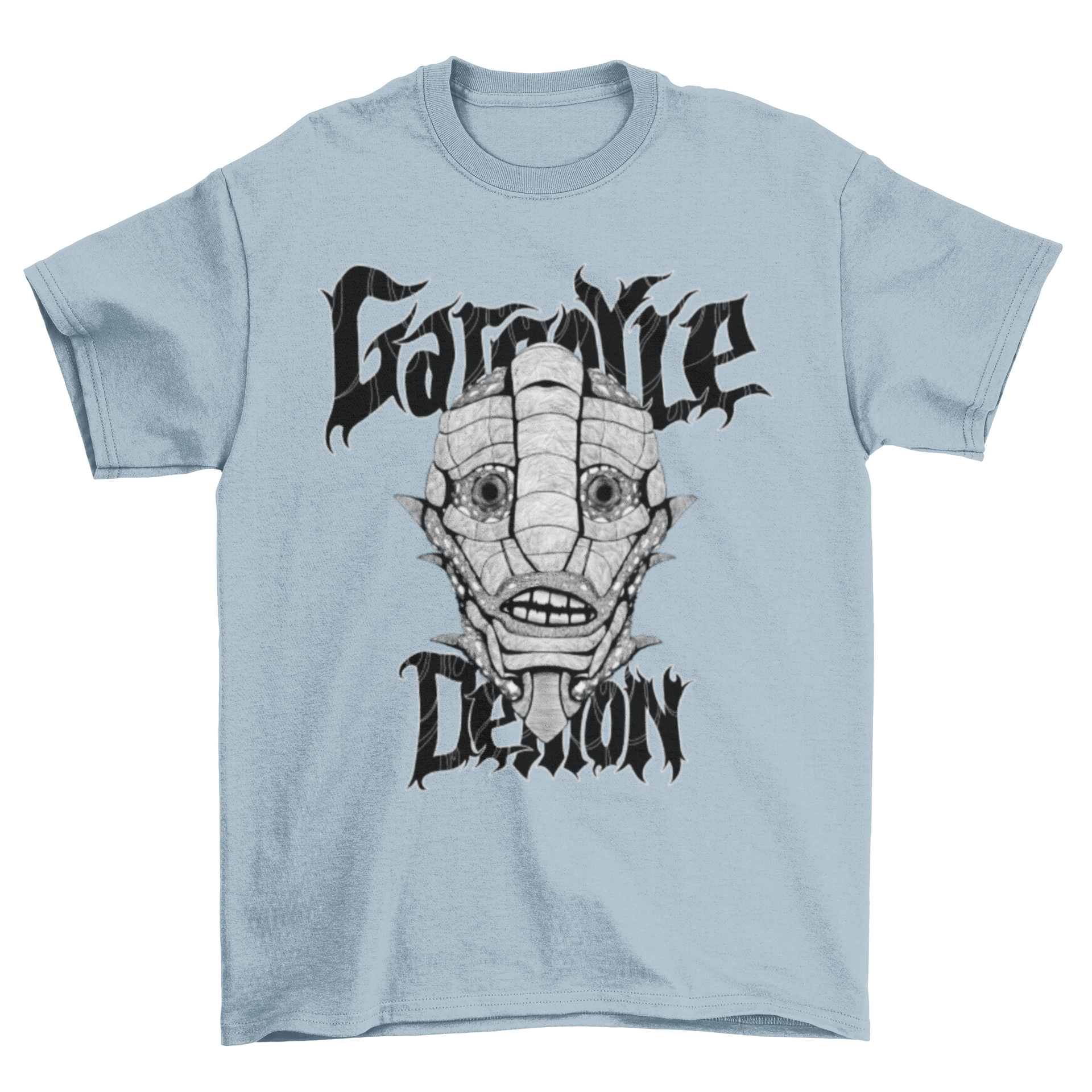 Hand-drawn t-shirt featuring a gargoyle demon design with the quote 'Gargoyle demon'.