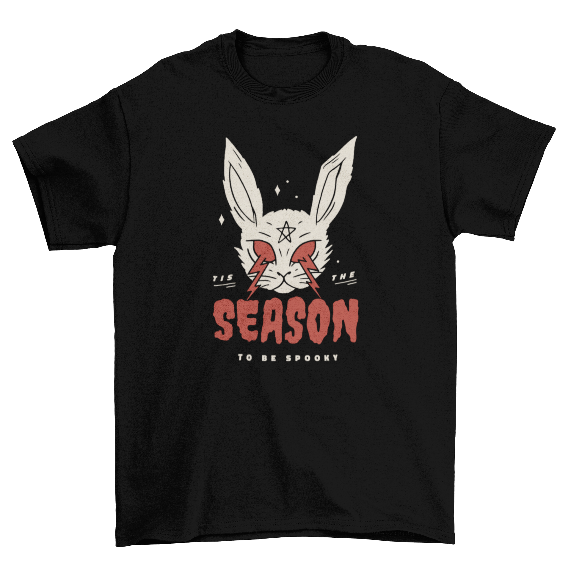 A spooky Halloween rabbit t-shirt design featuring a creepy rabbit illustration and the quote 'Tis the season to be spooky'.
