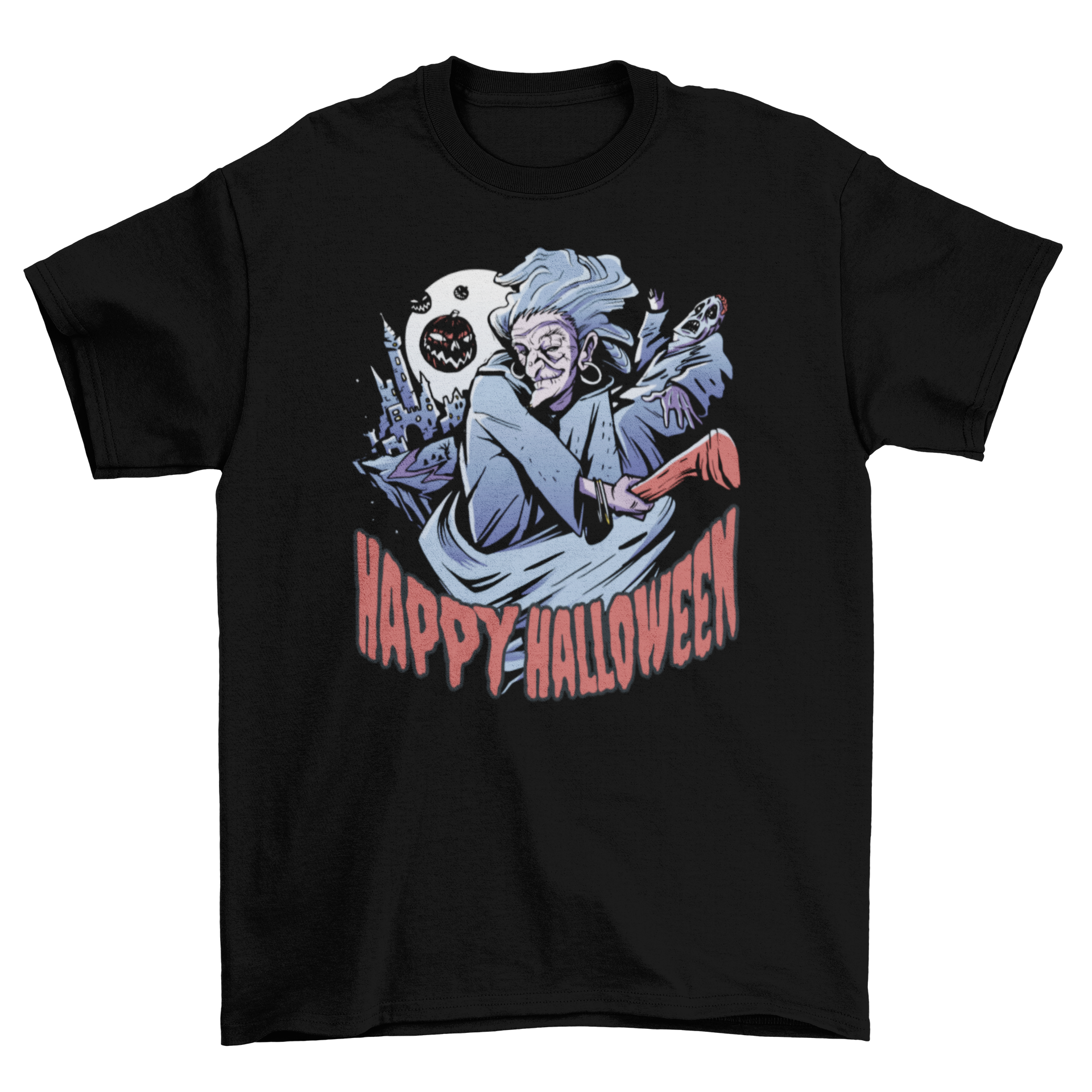A spooky Halloween t-shirt featuring a witch flying from a castle with the quote 'Happy Halloween'.