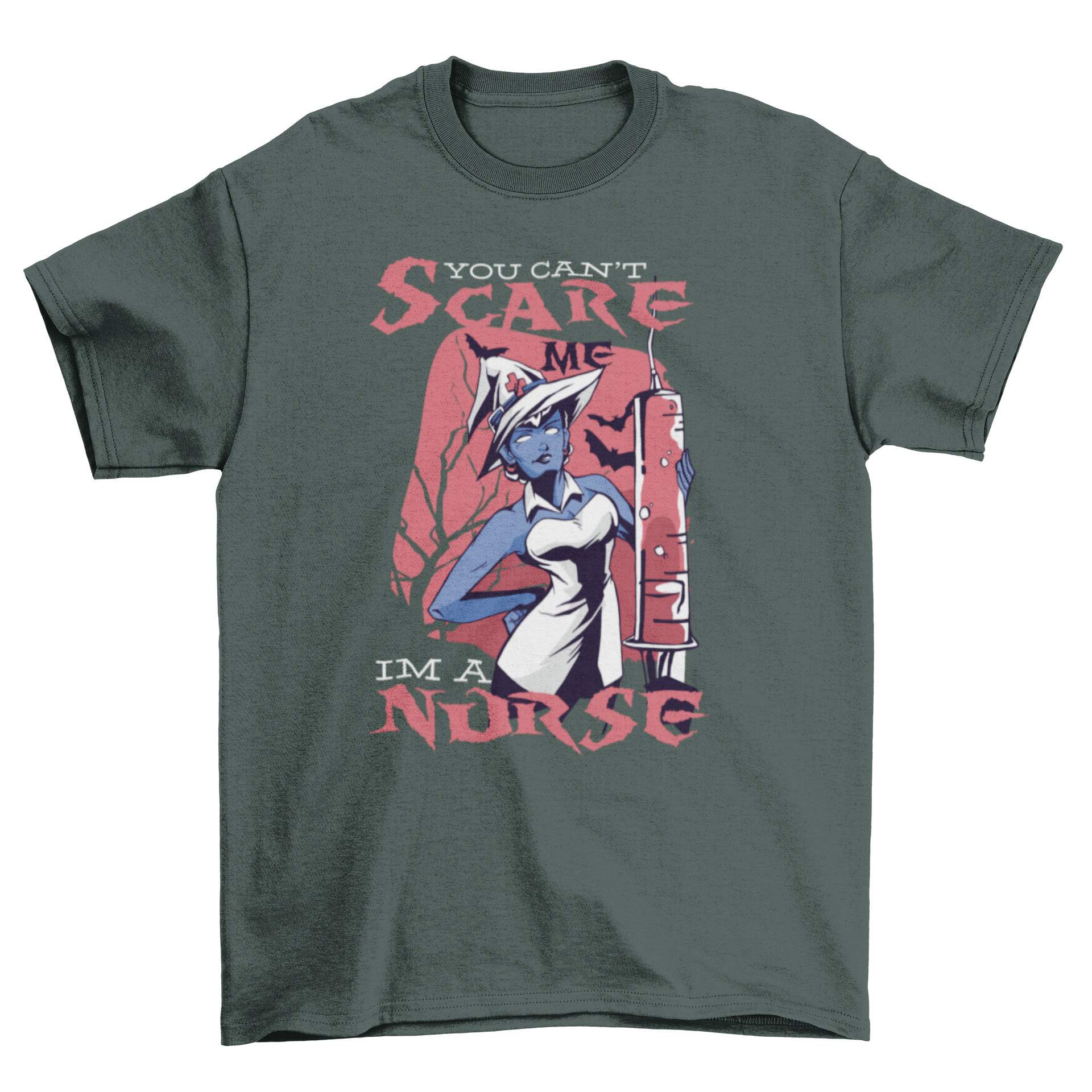 A spooky t-shirt featuring a witch nurse holding a large syringe with the caption 'You can't scare me, I'm a nurse'.