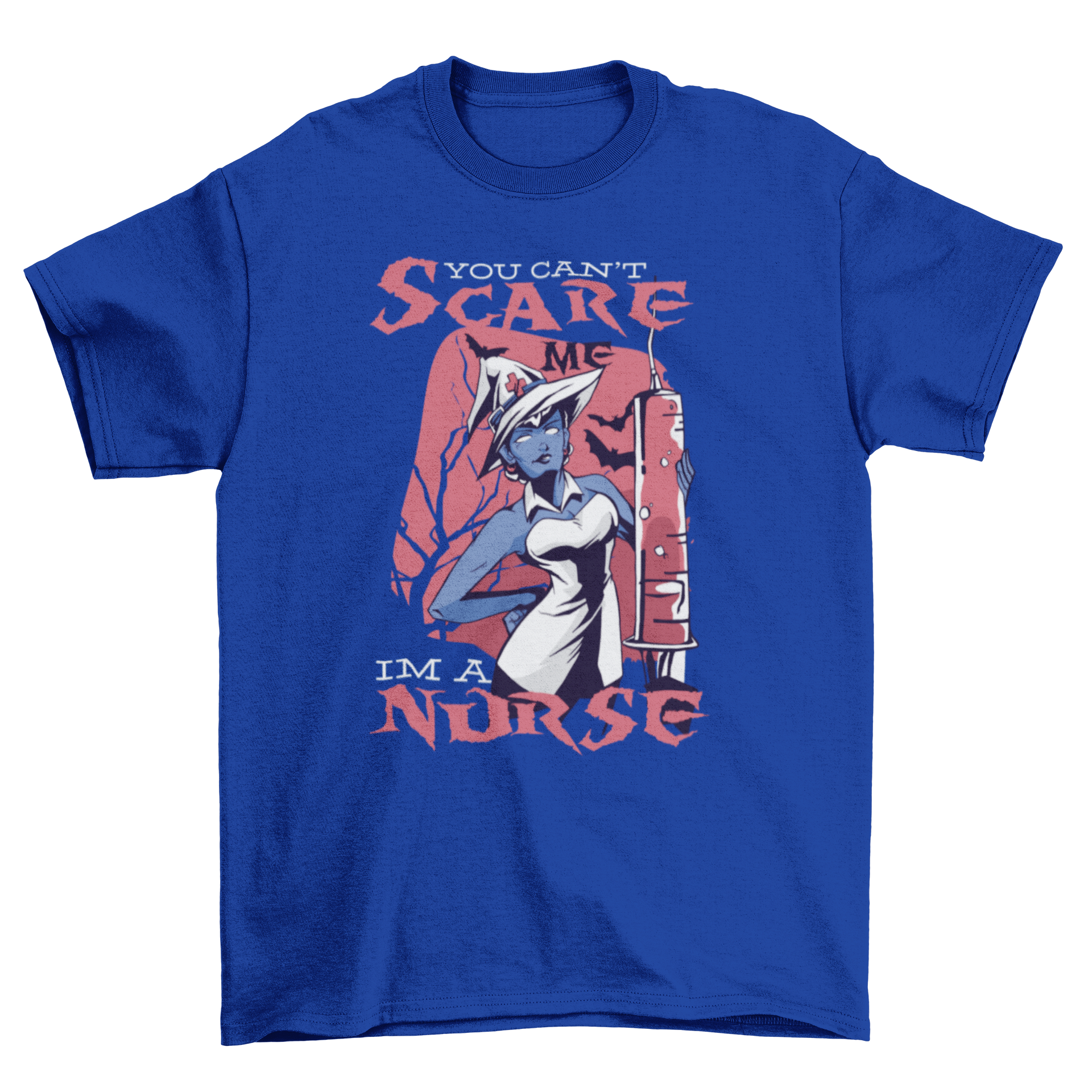 A spooky t-shirt featuring a witch nurse holding a large syringe with the caption 'You can't scare me, I'm a nurse'.