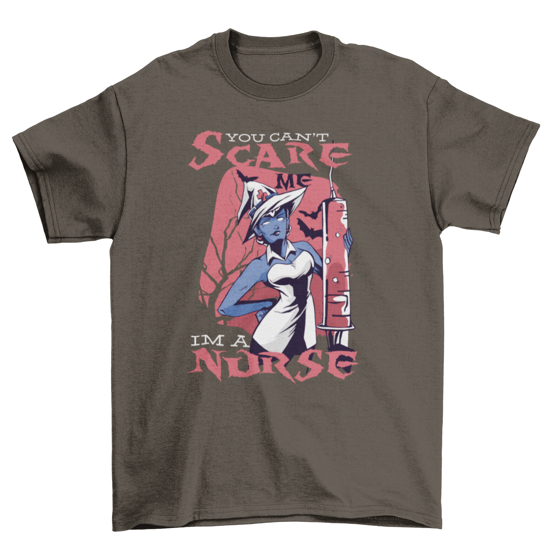 A spooky t-shirt featuring a witch nurse holding a large syringe with the caption 'You can't scare me, I'm a nurse'.