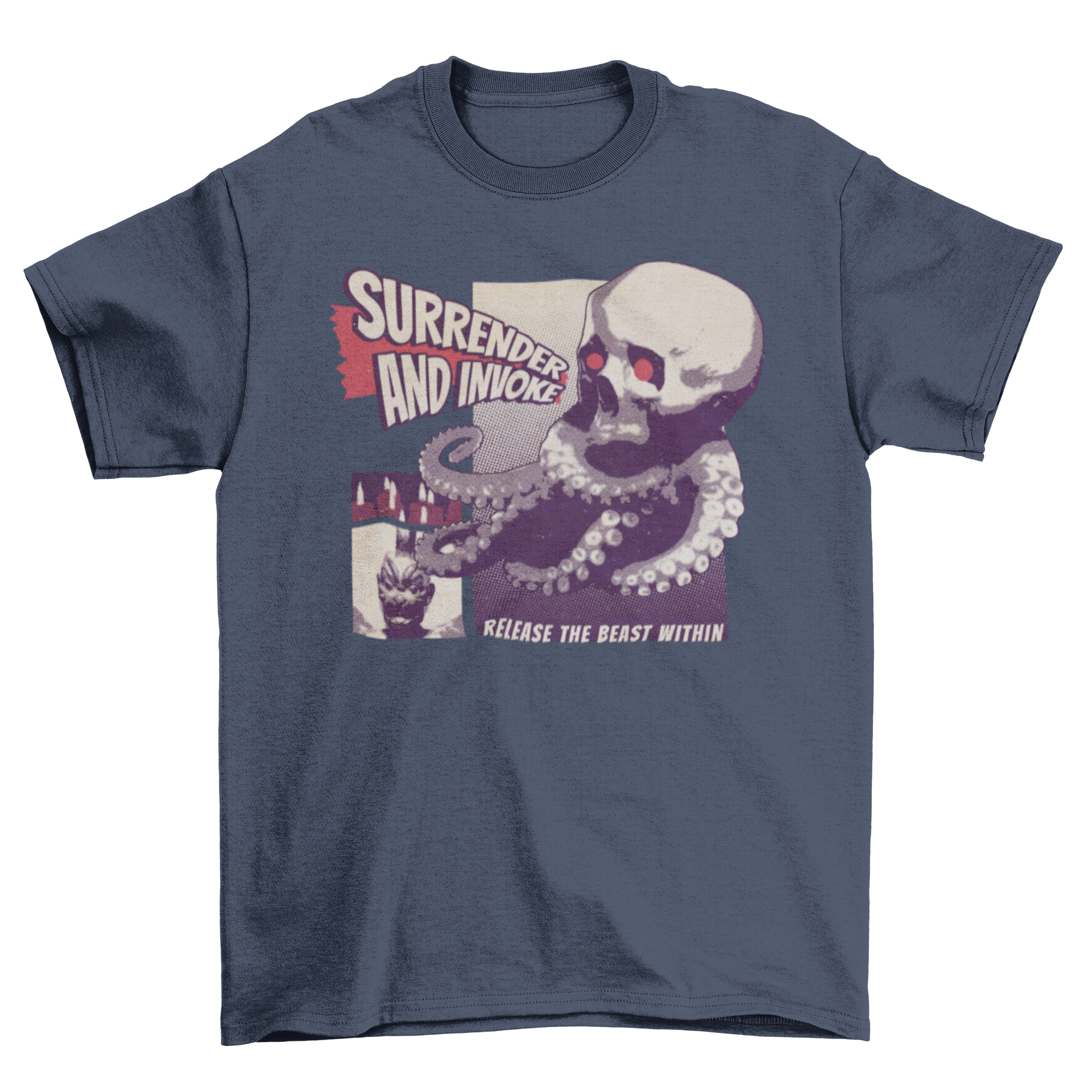 A creative t-shirt featuring an abstract octopus intertwined with a skull, showcasing the quotes 'Surrender and invoke' and 'Release the beast within'.