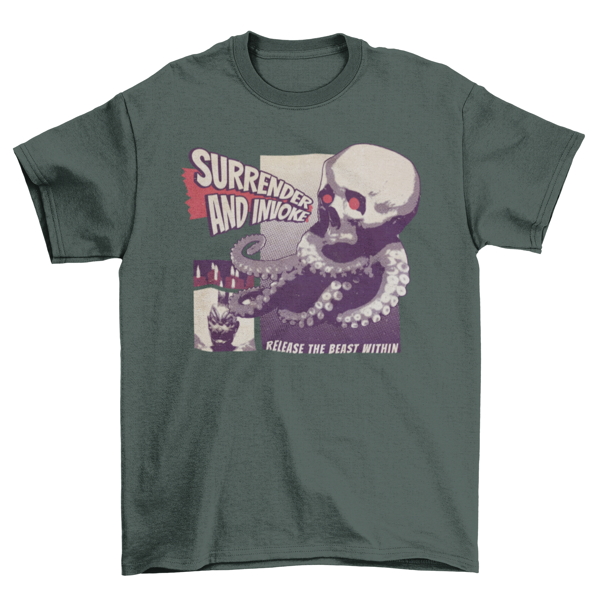 A creative t-shirt featuring an abstract octopus intertwined with a skull, showcasing the quotes 'Surrender and invoke' and 'Release the beast within'.