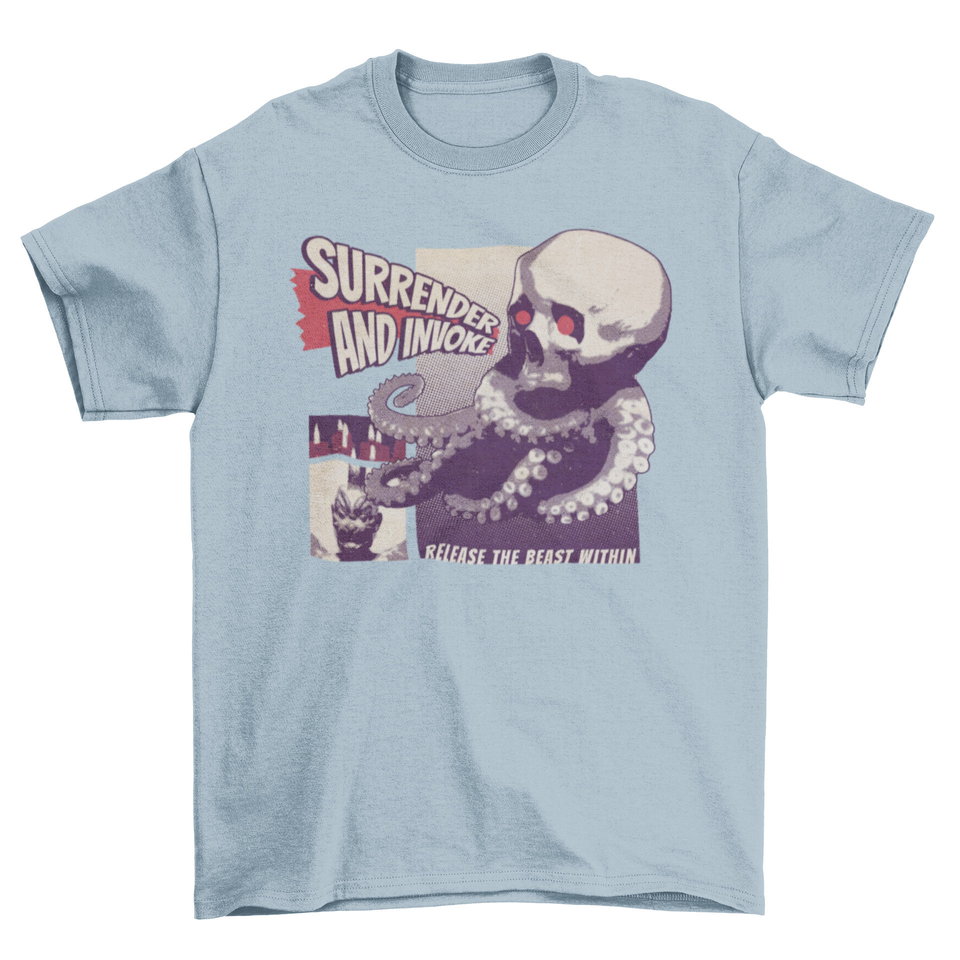 A creative t-shirt featuring an abstract octopus intertwined with a skull, showcasing the quotes 'Surrender and invoke' and 'Release the beast within'.