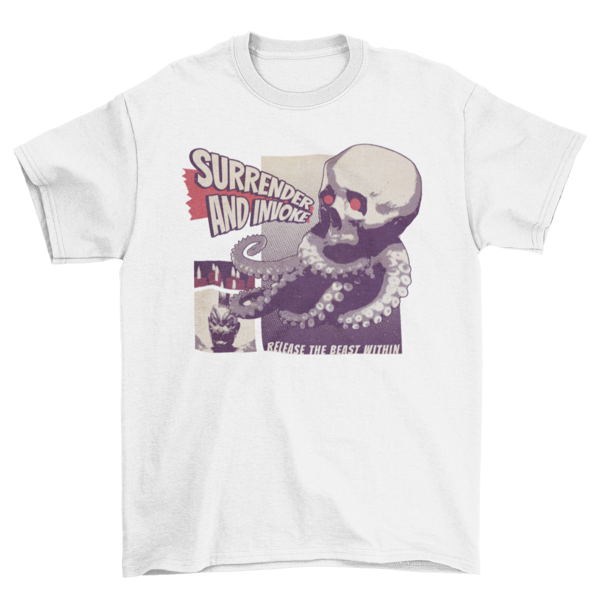 A creative t-shirt featuring an abstract octopus intertwined with a skull, showcasing the quotes 'Surrender and invoke' and 'Release the beast within'.