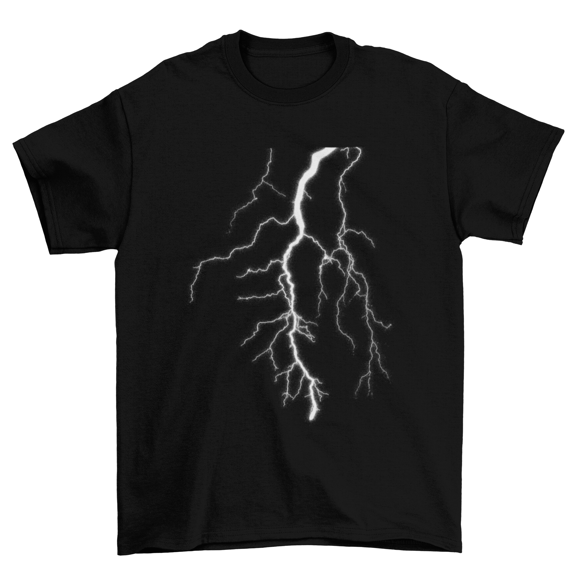 A stylish t-shirt featuring a neon white lightning bolt design against a dark background, symbolizing climate fashion.