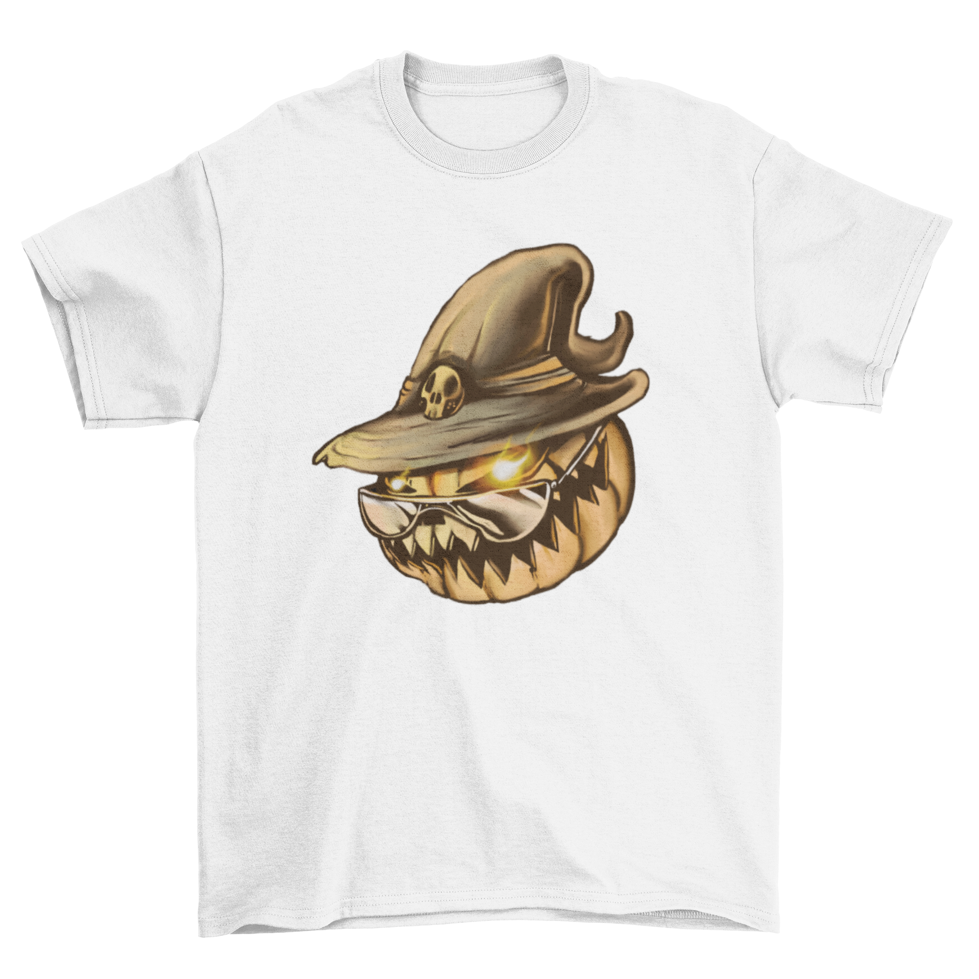 Scary Unique Fashion Pumpkin Head Sunglasses featuring a pumpkin with sunglasses and a witch hat, perfect for Halloween.