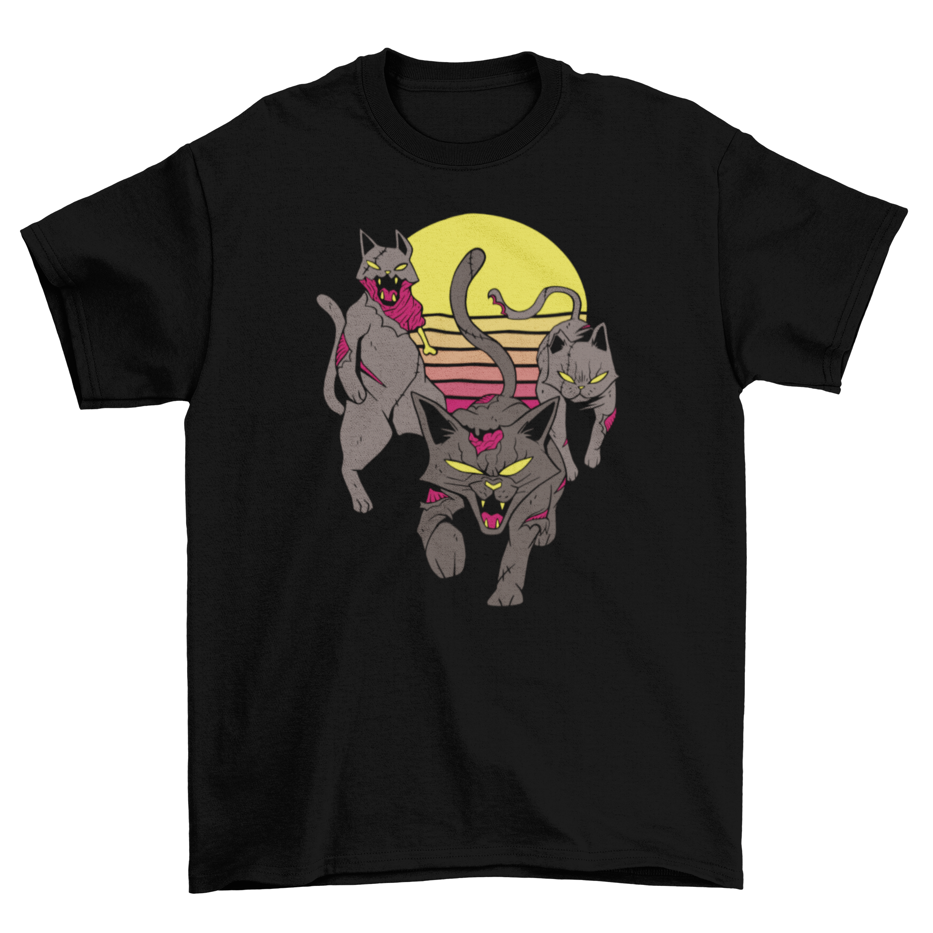 A stylish t-shirt featuring three cat zombies against a vibrant retro sunset background, perfect for Halloween.