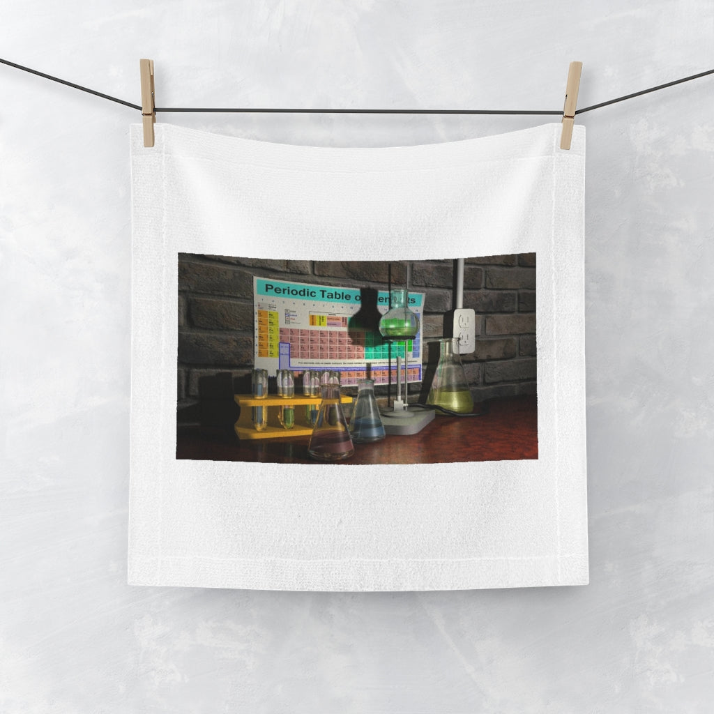 Customizable Science Scene Face Towel featuring a polyester front and soft cotton back, ideal for vibrant printing.