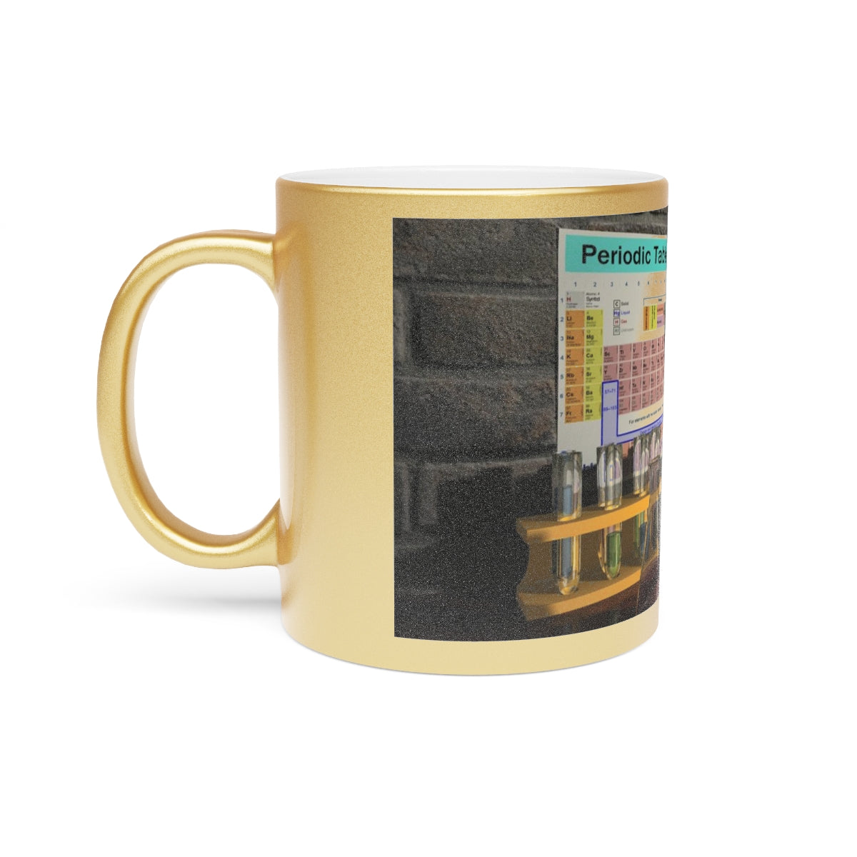 A stylish metallic mug in silver and gold, showcasing personalized designs, perfect for coffee or tea.