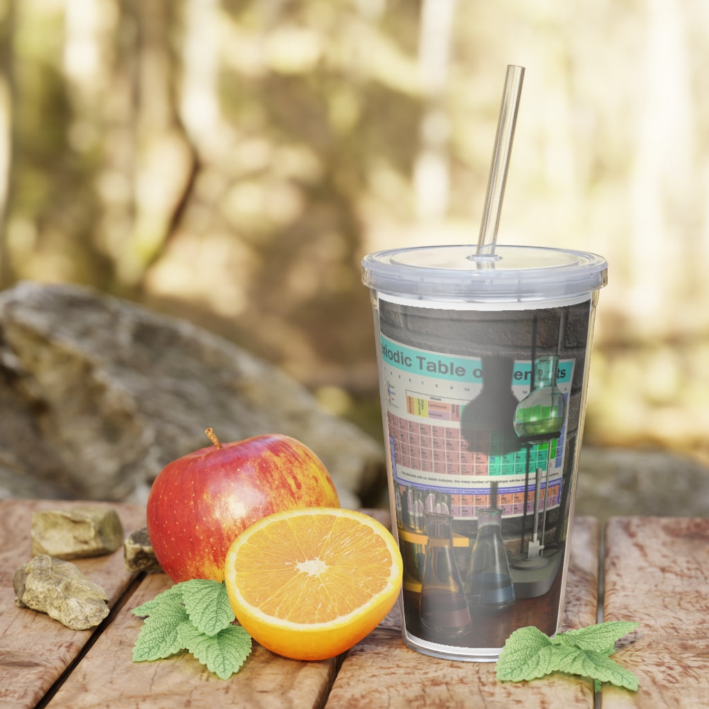 A colorful Science Scene Plastic Tumbler with a straw, showcasing a customizable design and a lid, perfect for drinks at events.