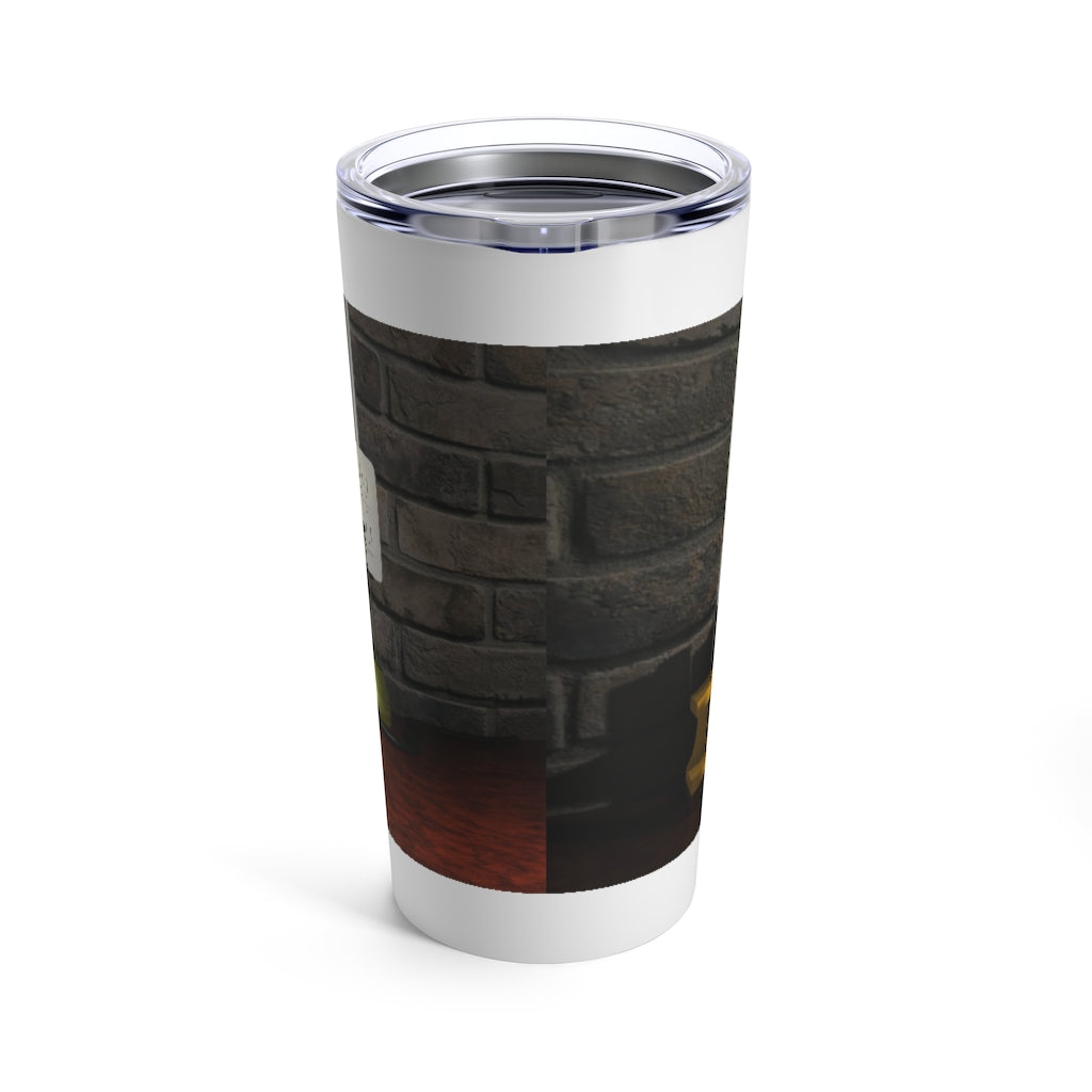 Science Scene Tumbler 20oz in stainless steel with a see-thru plastic lid, showcasing its sleek design and rounded corners.