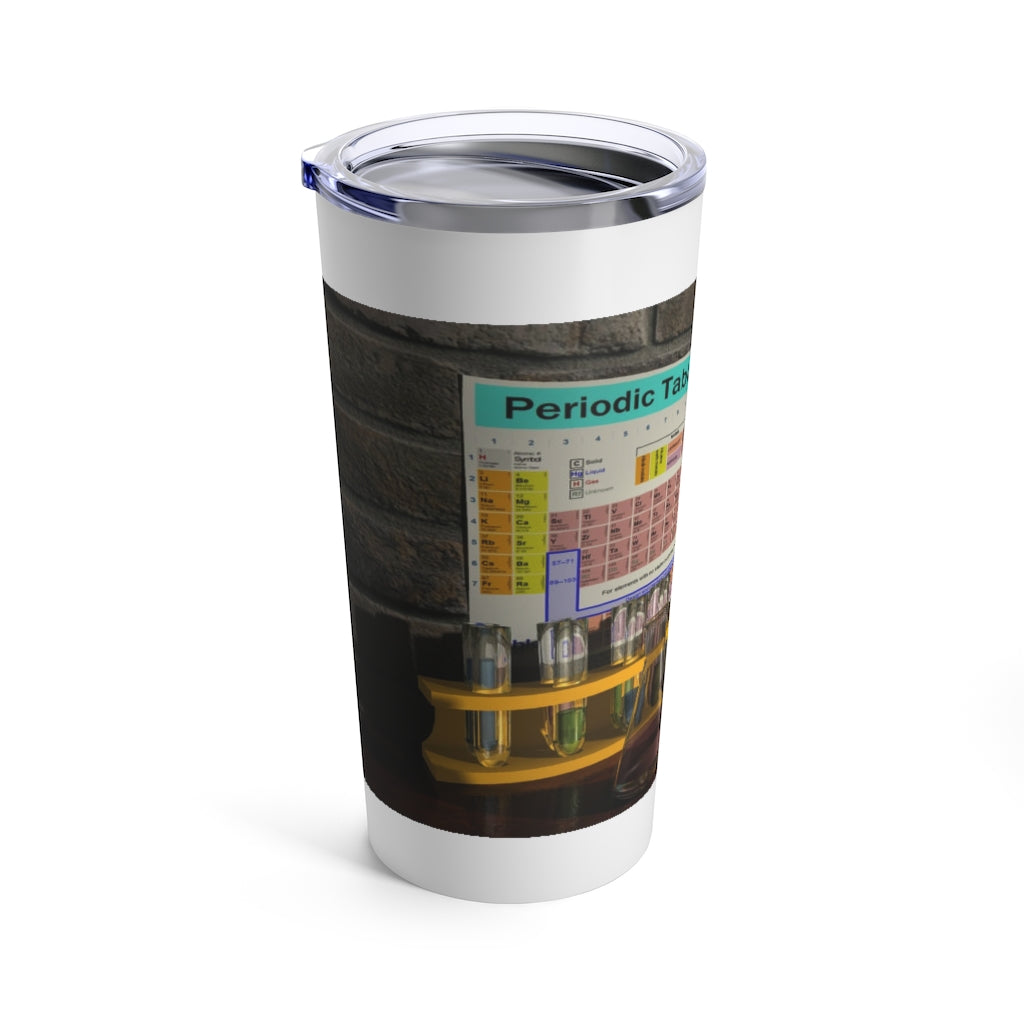 Science Scene Tumbler 20oz in stainless steel with a see-thru plastic lid, showcasing its sleek design and rounded corners.