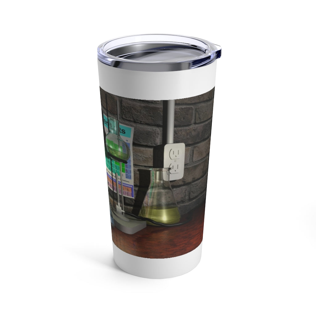 Science Scene Tumbler 20oz in stainless steel with a see-thru plastic lid, showcasing its sleek design and rounded corners.