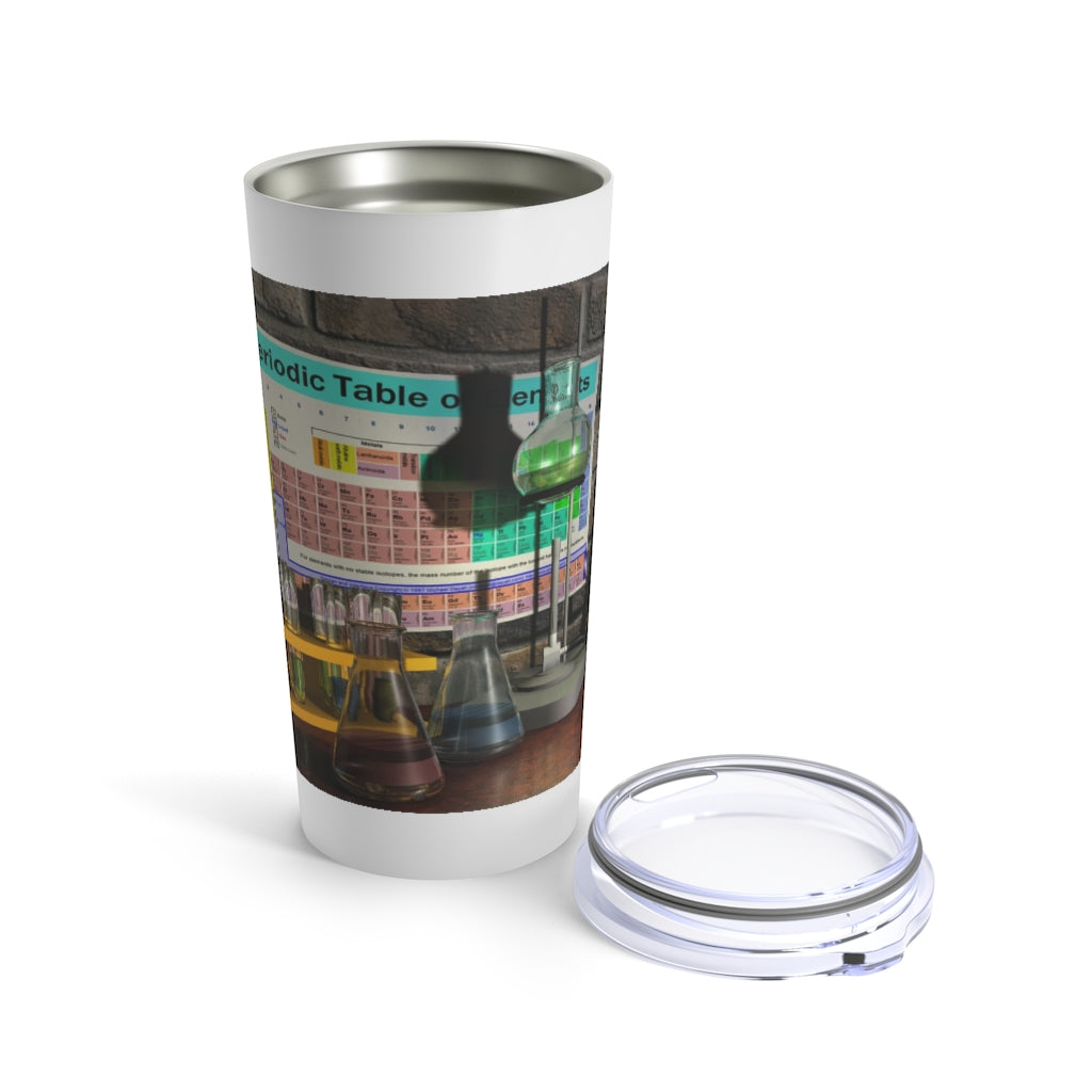 Science Scene Tumbler 20oz in stainless steel with a see-thru plastic lid, showcasing its sleek design and rounded corners.