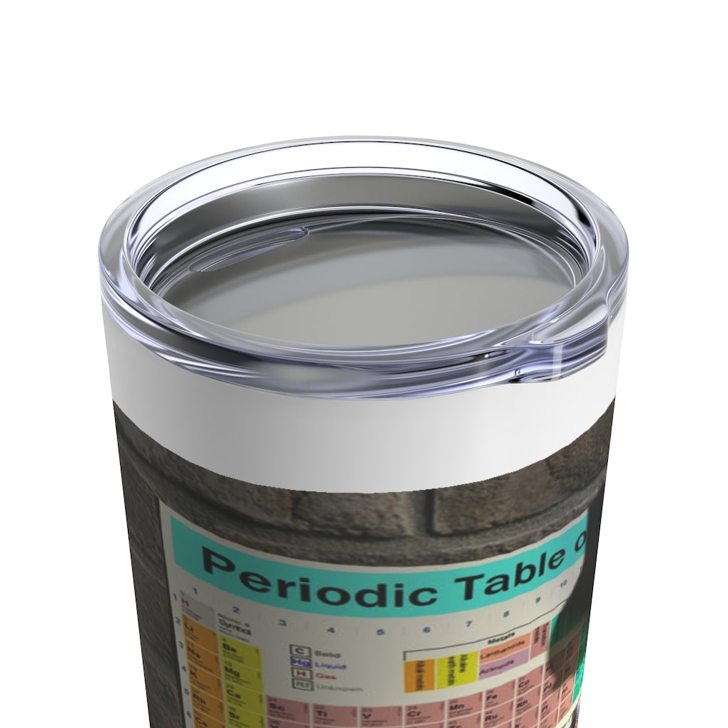 Science Scene Tumbler 20oz in stainless steel with a see-thru plastic lid, showcasing its sleek design and rounded corners.