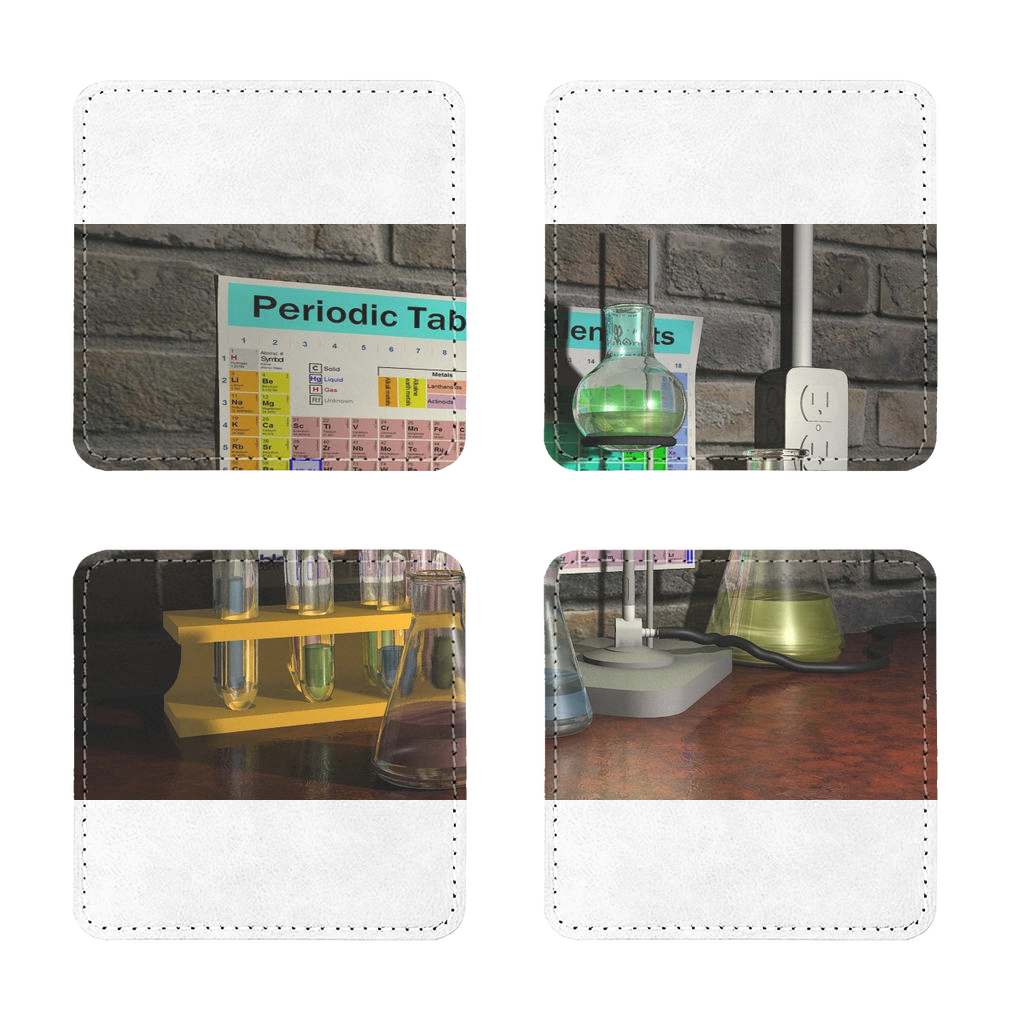 Pack of four ScienceScene Sublimation Coasters made of PU leather, featuring a white printable face and elegant white stitching.