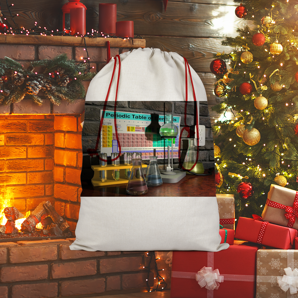 ScienceScene Sublimation Linen Drawstring Sack with red drawstring, showcasing its linen texture and eco-friendly print.