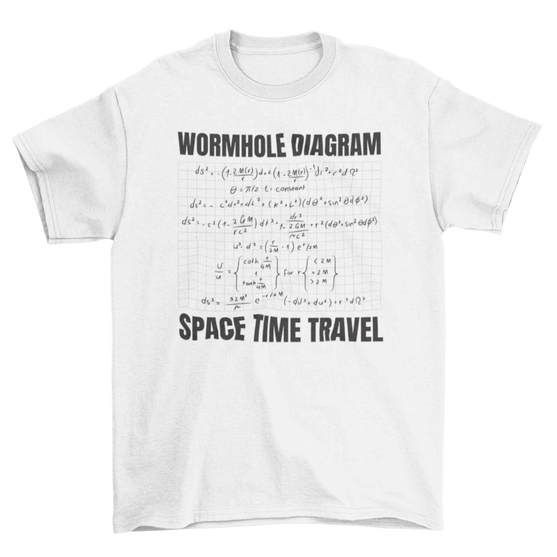 A stylish t-shirt featuring a scientific formula and a wormhole diagram, perfect for science lovers.