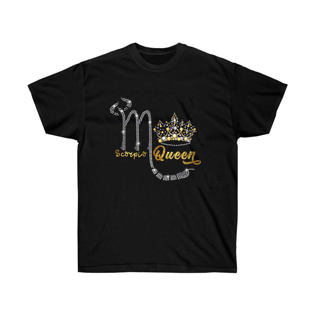 Scorpio Queen Birthday T-shirt made of soft cotton with a vibrant vinyl print, showcasing a stylish design for Scorpio birthday celebrations.
