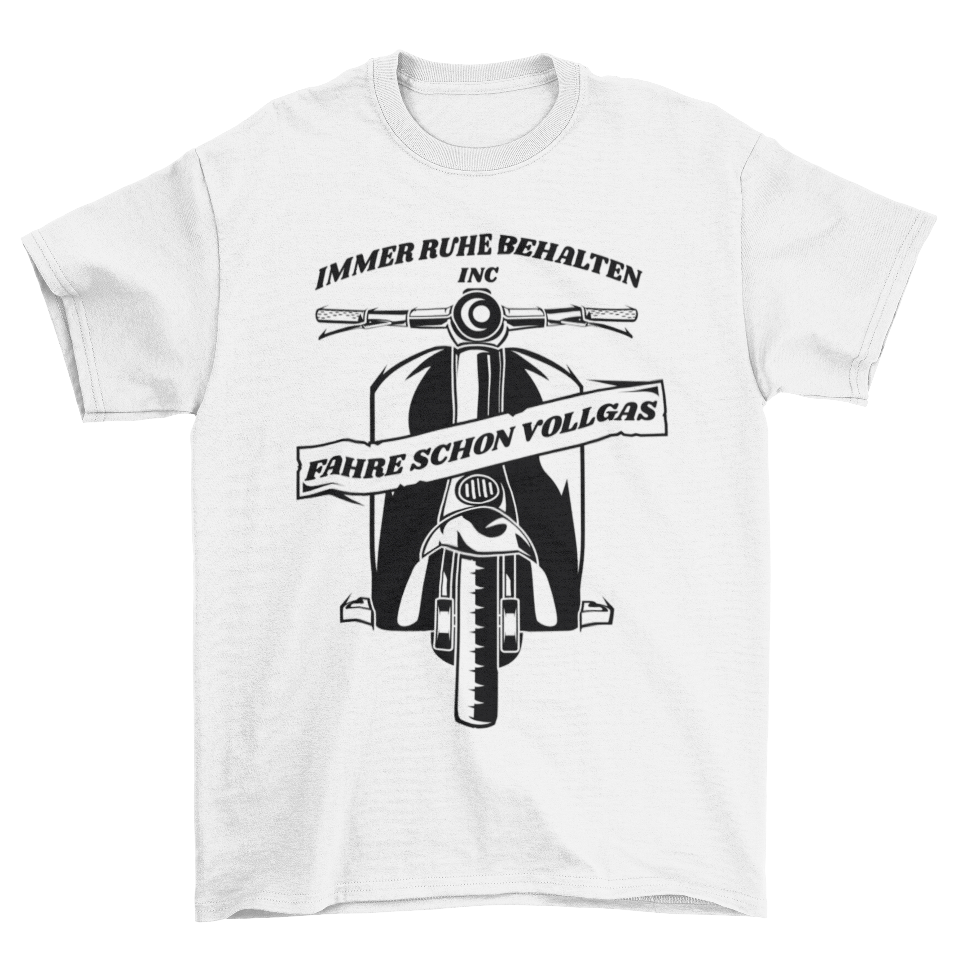 A stylish t-shirt featuring a scooter silhouette and a German motivational quote.