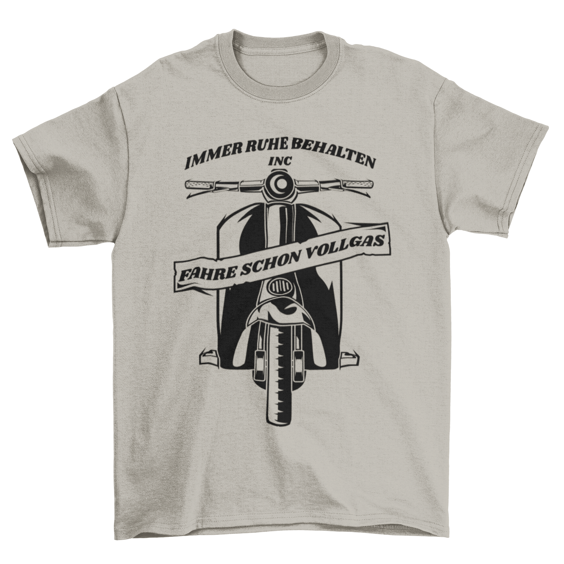 A stylish t-shirt featuring a scooter silhouette and a German motivational quote.
