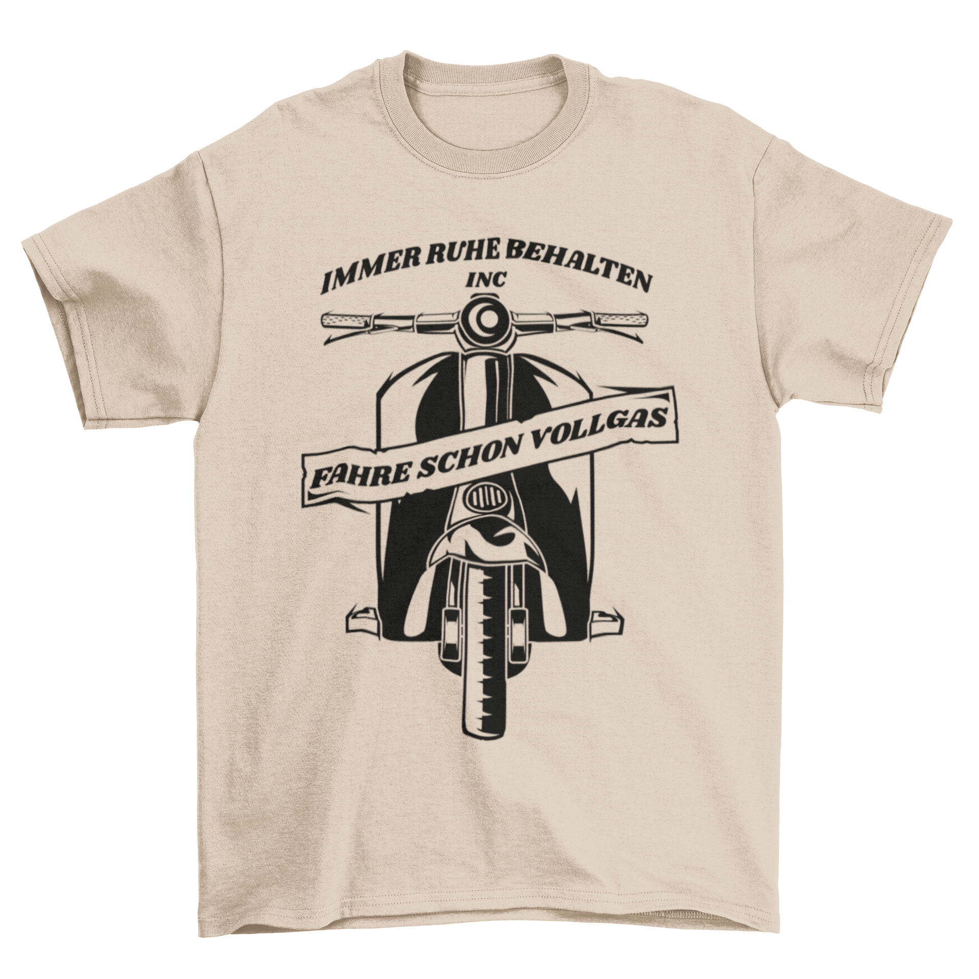 A stylish t-shirt featuring a scooter silhouette and a German motivational quote.