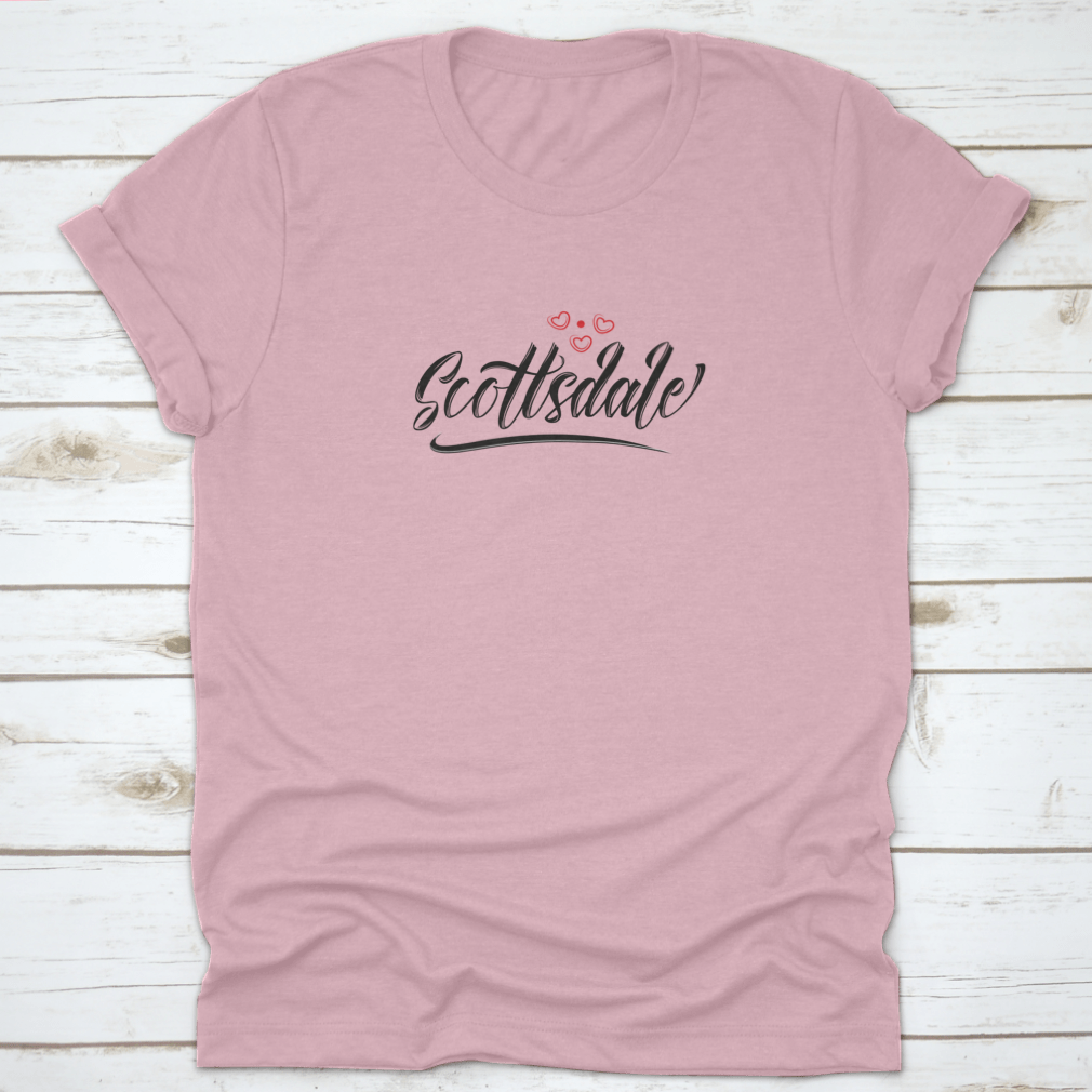Scottsdale City Text Design T-shirt featuring a red heart typographic icon, showcasing a stylish and comfortable cotton fabric.