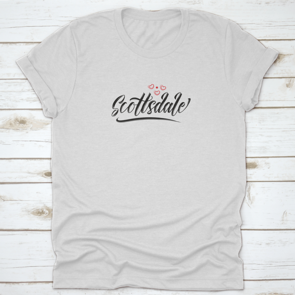 Scottsdale City Text Design T-shirt featuring a red heart typographic icon, showcasing a stylish and comfortable cotton fabric.