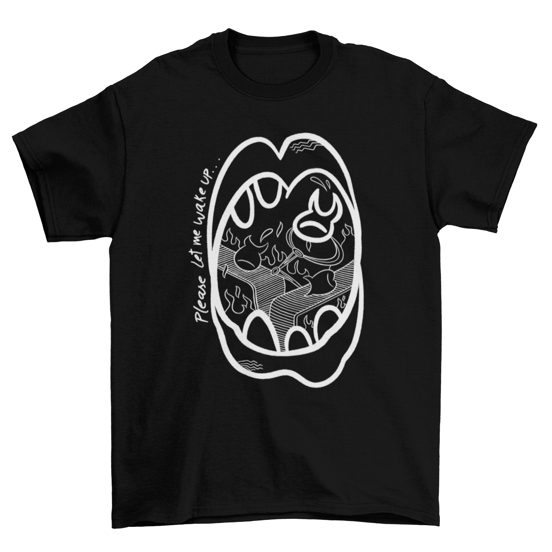A creative doodle-style t-shirt featuring a screaming mouth design, symbolizing the fear of falling asleep.