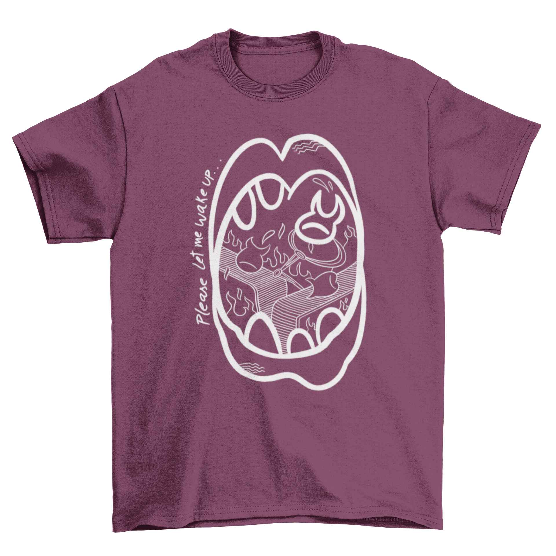 A creative doodle-style t-shirt featuring a screaming mouth design, symbolizing the fear of falling asleep.