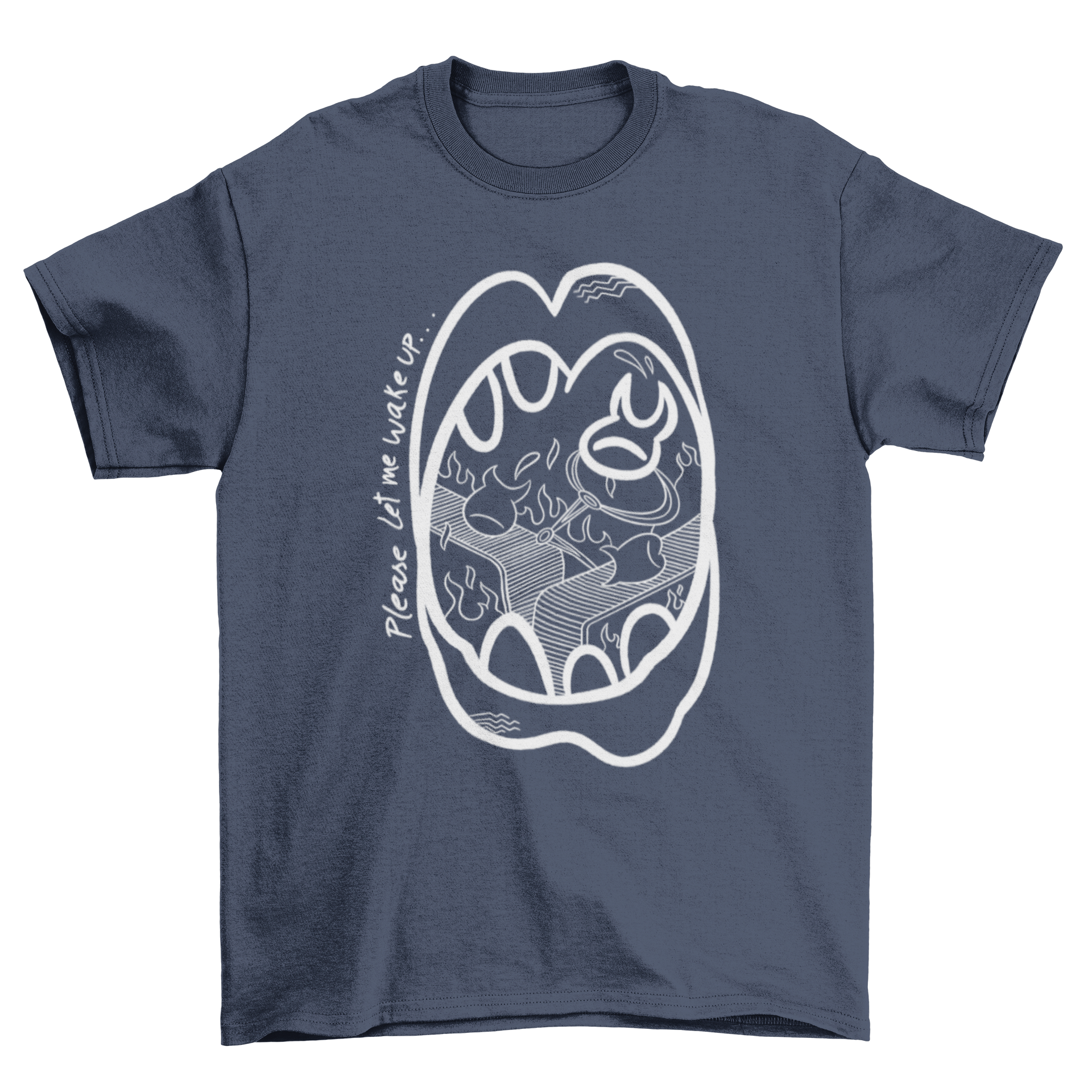 A creative doodle-style t-shirt featuring a screaming mouth design, symbolizing the fear of falling asleep.