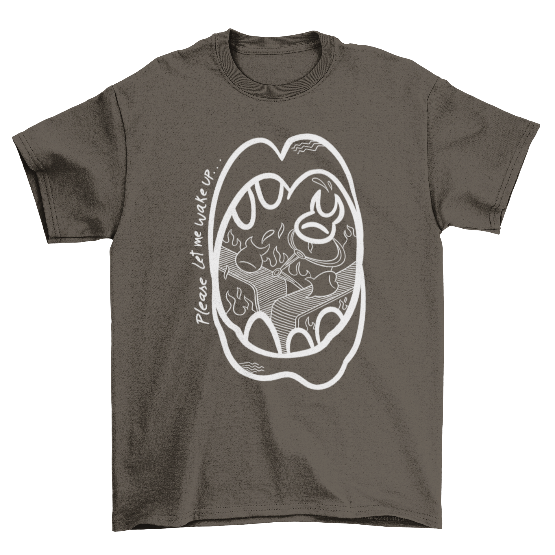 A creative doodle-style t-shirt featuring a screaming mouth design, symbolizing the fear of falling asleep.