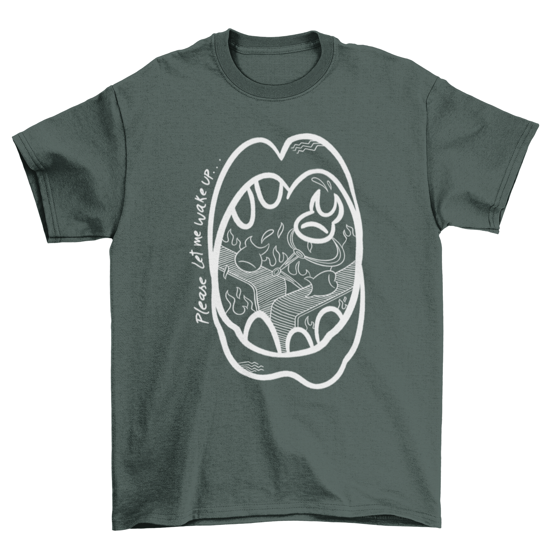 A creative doodle-style t-shirt featuring a screaming mouth design, symbolizing the fear of falling asleep.