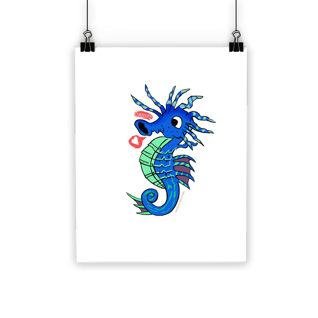 Scribblers the Seahorse Classic Poster featuring vibrant colors and a semi-gloss finish, suitable for indoor and outdoor use.