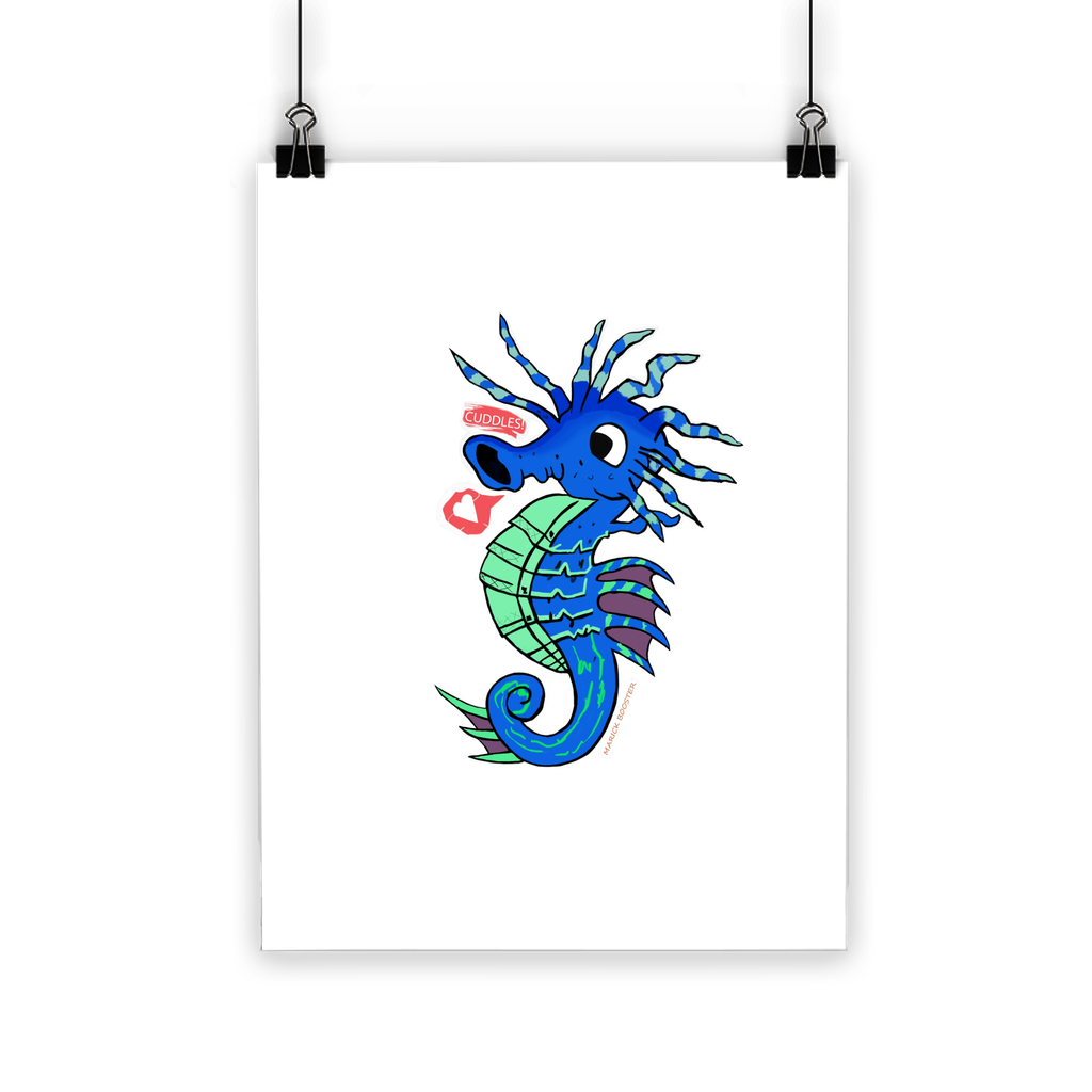 Scribblers the Seahorse Classic Poster featuring vibrant colors and a semi-gloss finish, suitable for indoor and outdoor use.