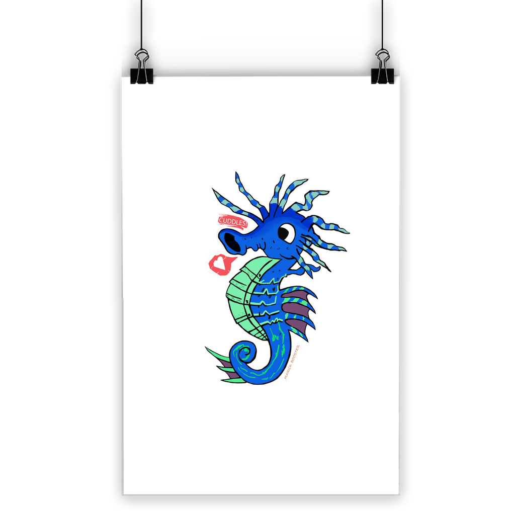 Scribblers the Seahorse Classic Poster featuring vibrant colors and a semi-gloss finish, suitable for indoor and outdoor use.