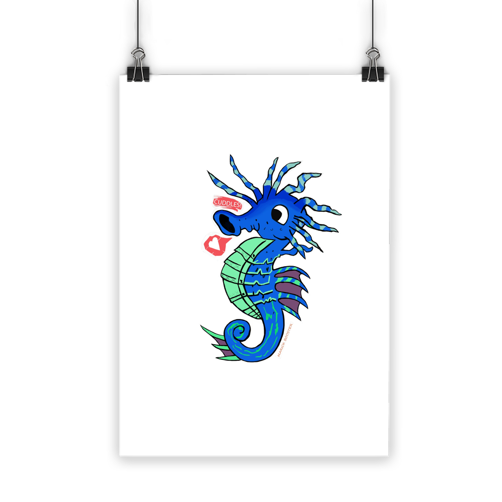 Scribblers the Seahorse Classic Poster featuring vibrant colors and a semi-gloss finish, suitable for indoor and outdoor use.