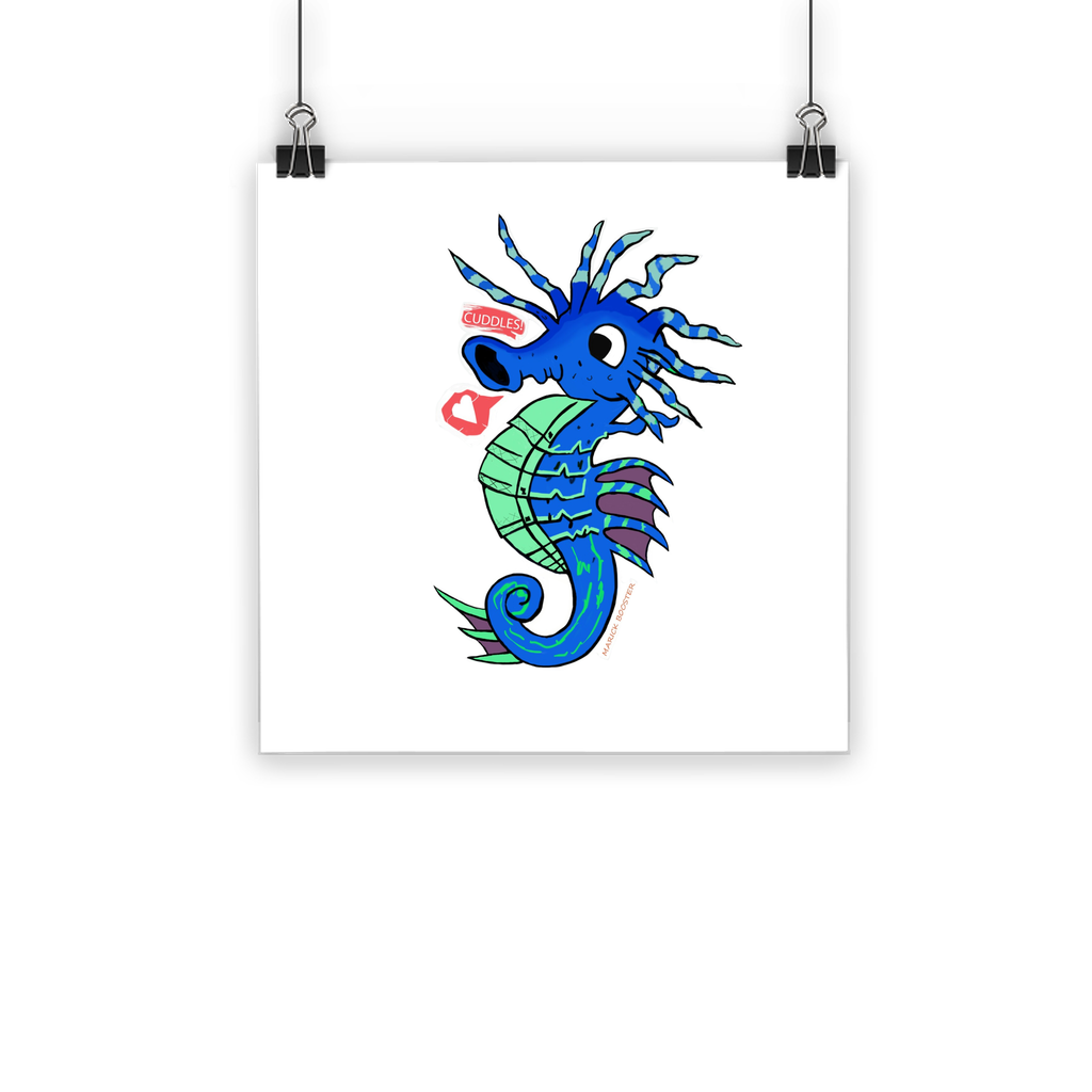 Scribblers the Seahorse Classic Poster featuring vibrant colors and a semi-gloss finish, suitable for indoor and outdoor use.