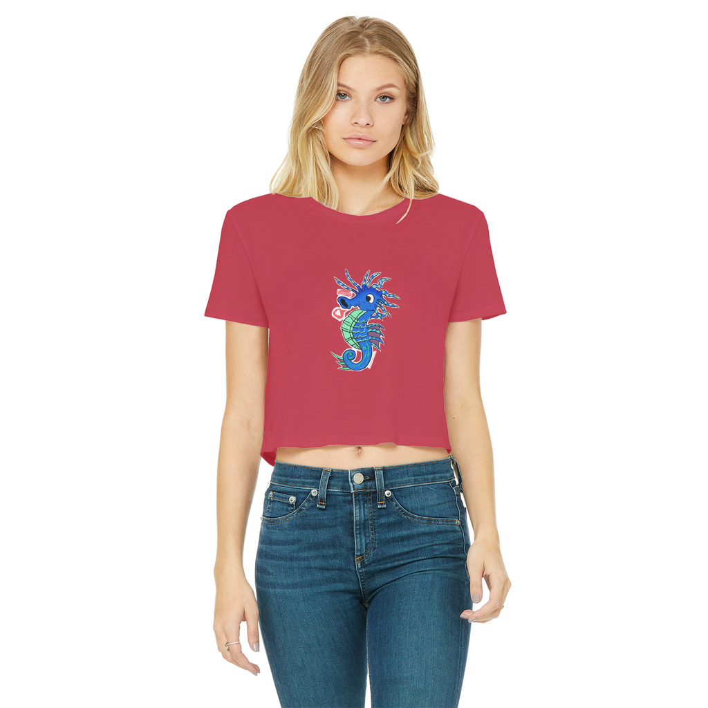 Scribblers the Seahorse Classic Women's Cropped Raw Edge T-Shirt in various colors, showcasing its stylish design and raw edge hem.