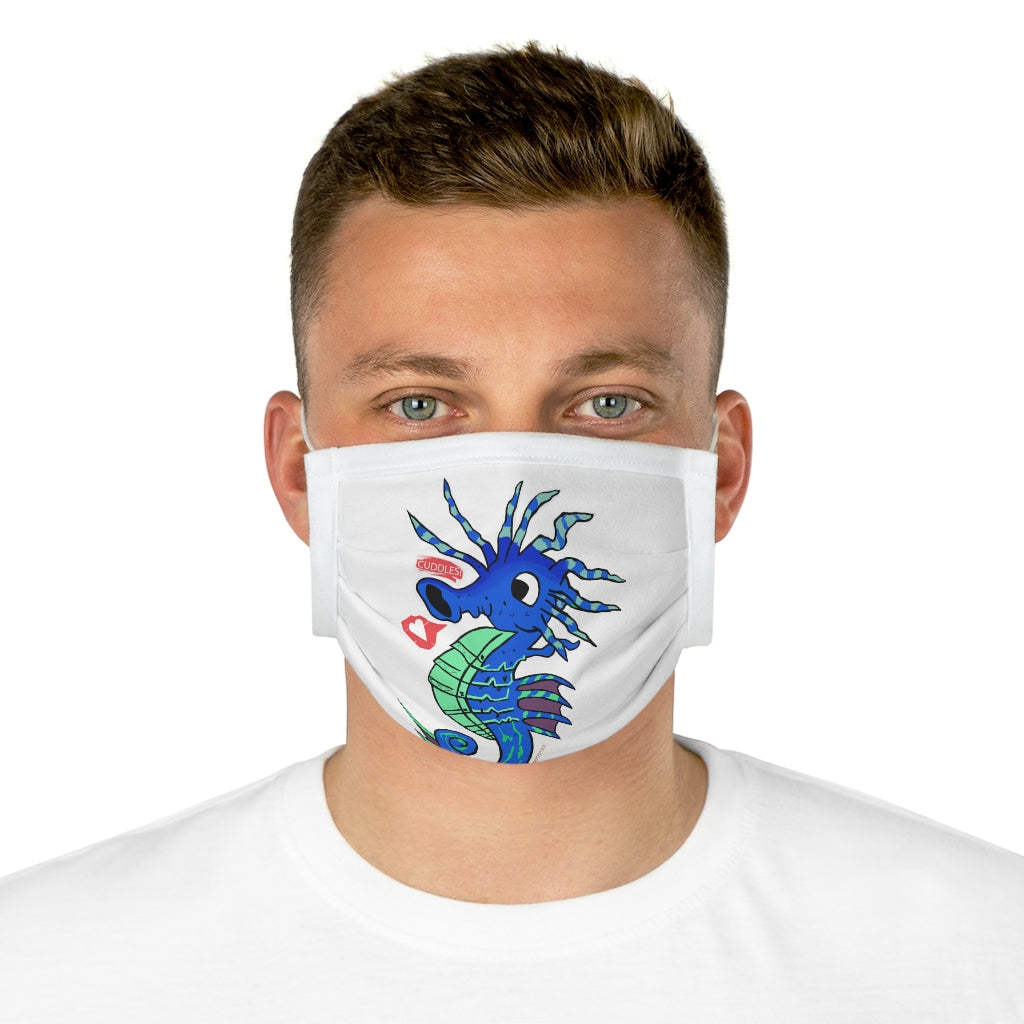 Scribblers the Seahorse Cotton Face Mask featuring a vibrant seahorse design, made from 100% cotton with adjustable features.