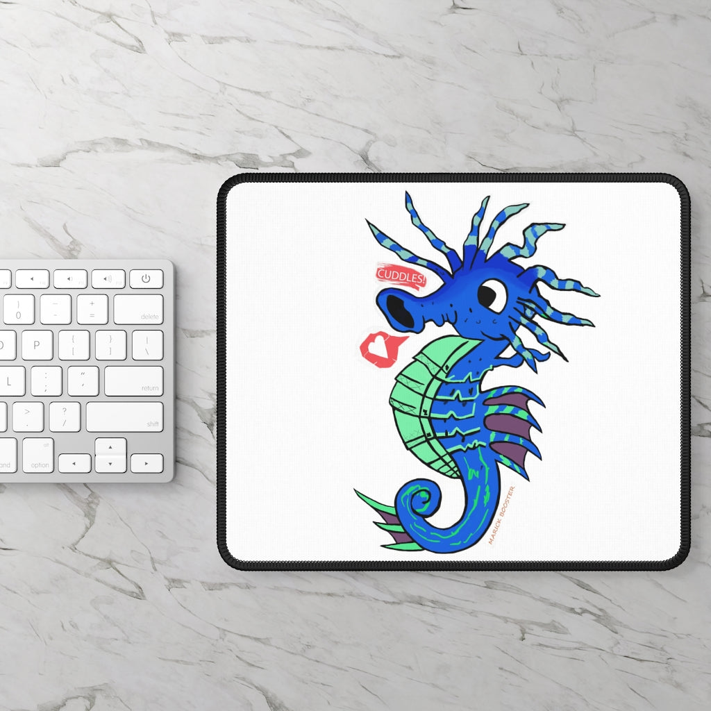 Scribblers the Seahorse Gaming Mouse Pad featuring vibrant colors and stitched edges, ideal for gaming and work.