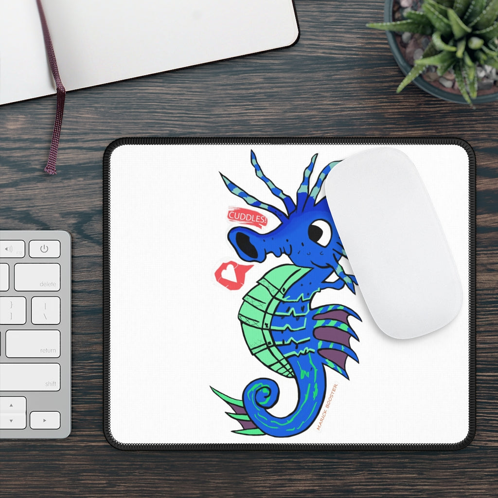 Scribblers the Seahorse Gaming Mouse Pad featuring vibrant colors and stitched edges, ideal for gaming and work.